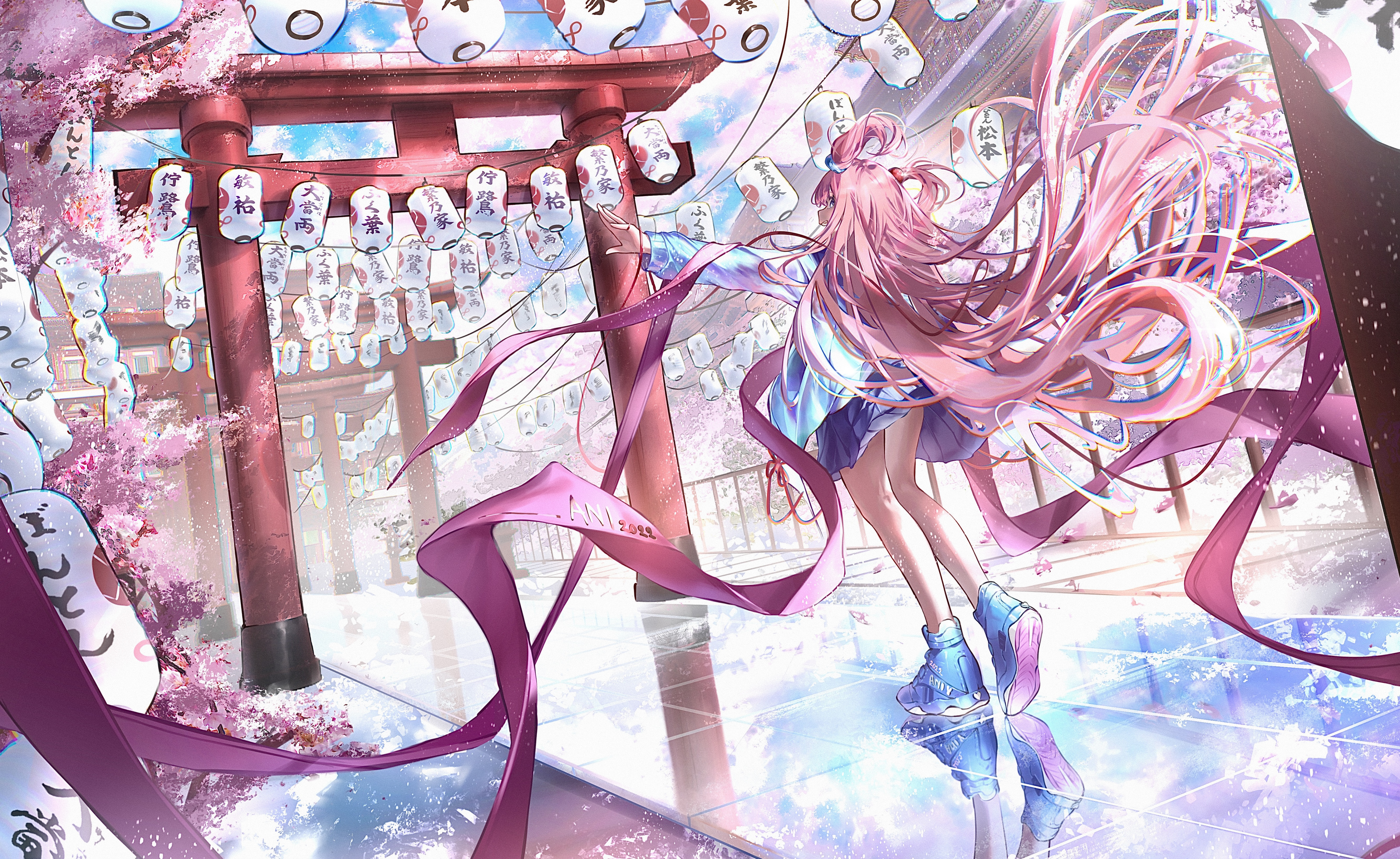 4K Anime Girl with Pink Hair at Japanese Shrine HD Wallpaper