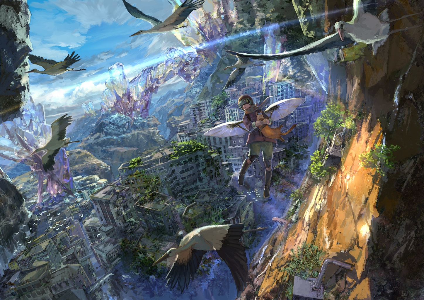 Anime boy with wings flying over a ruined city with storks HD Wallpaper
