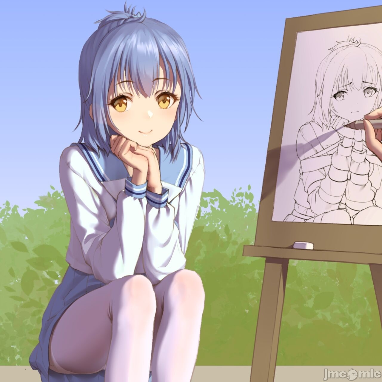 Anime girl with blue hair posing for a sketch HD Wallpaper