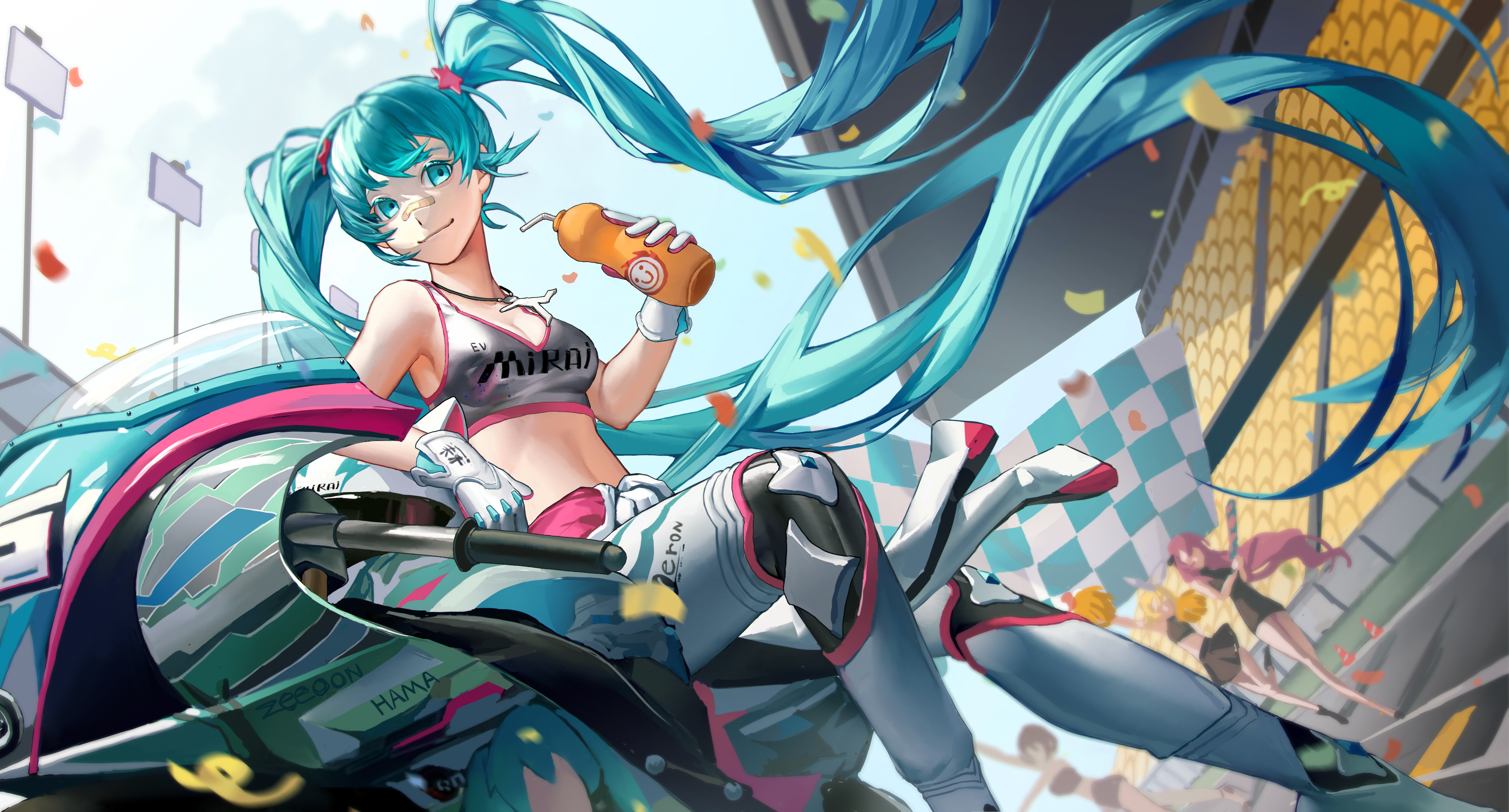 Hatsune Miku on a Motorcycle with Race Flags HD Wallpaper