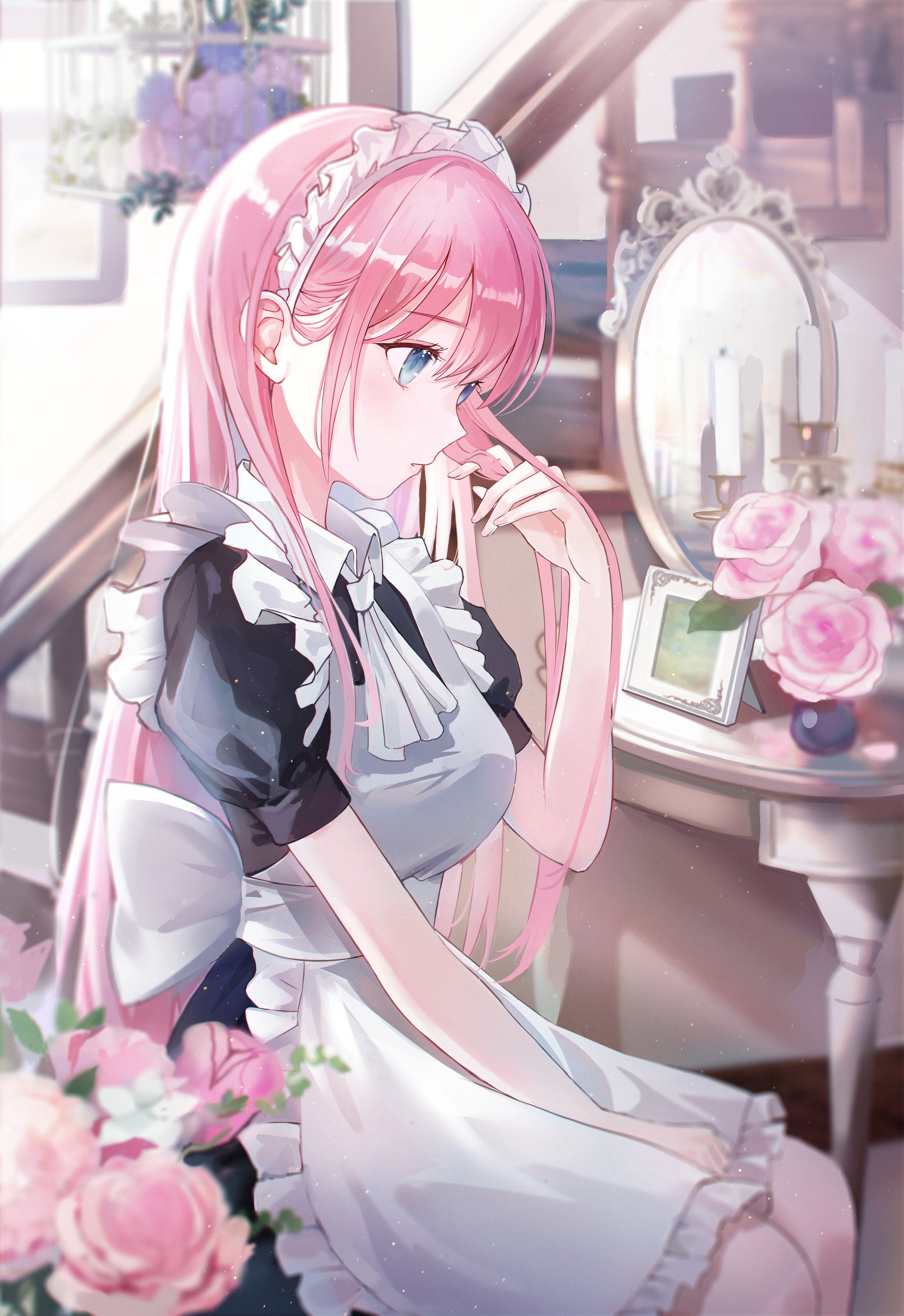 Maid with Pink Hair and Blue Eyes HD Phone Wallpaper