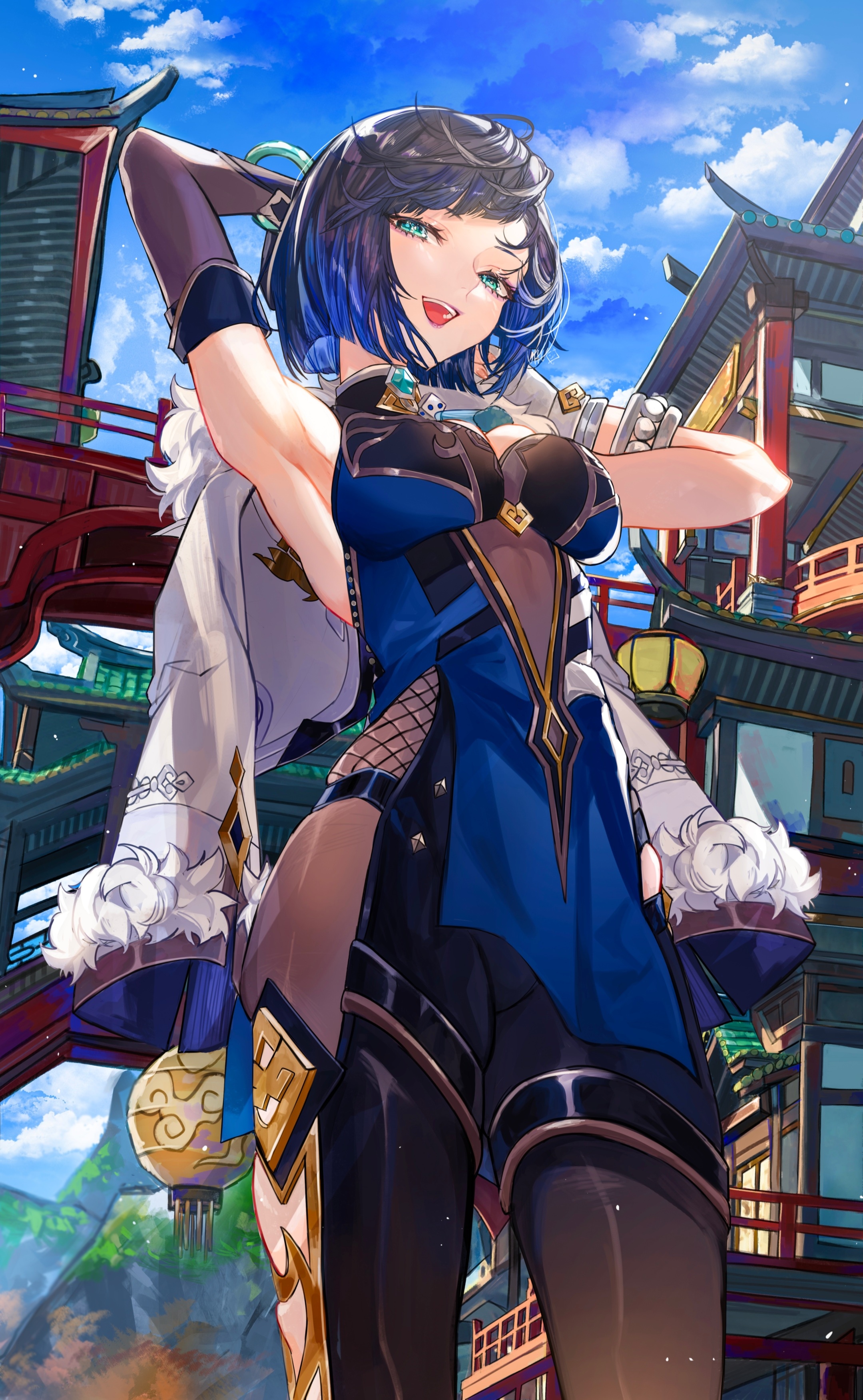 Yelan from Genshin Impact in a blue outfit HD Phone Wallpaper