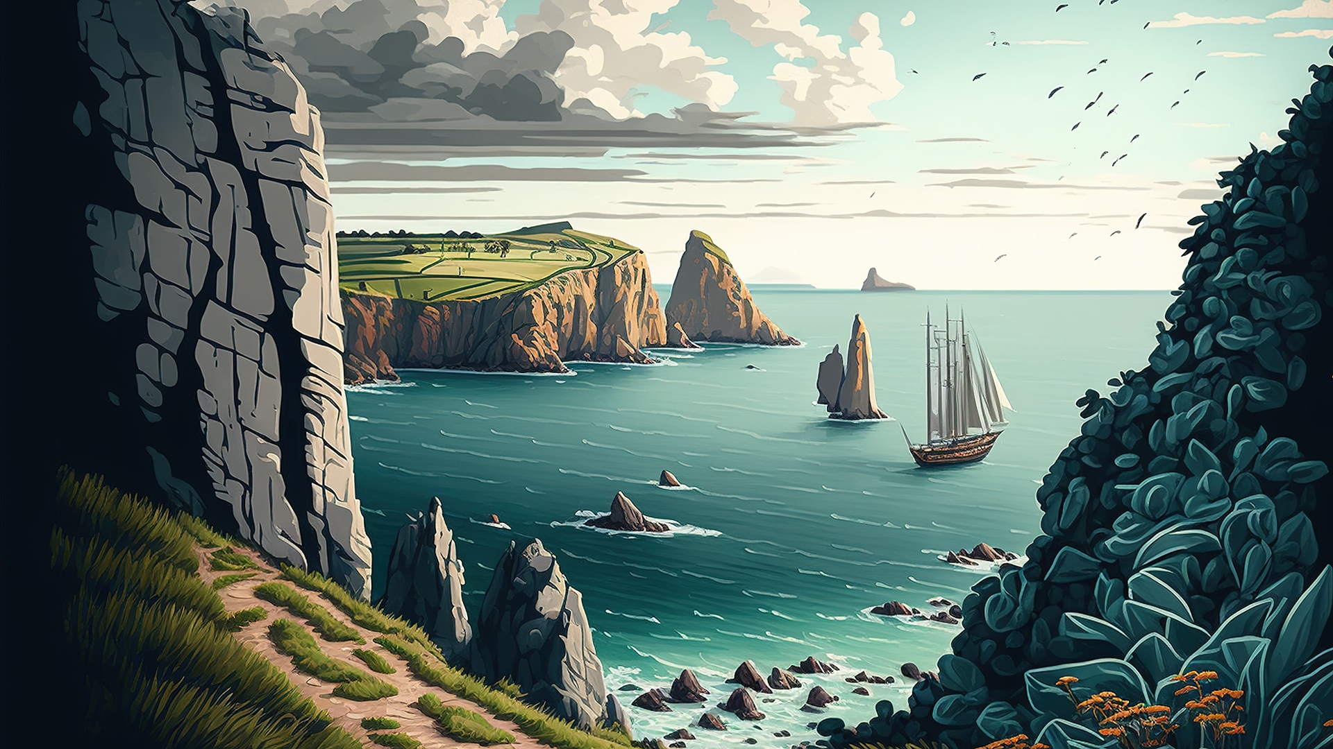 Sailboat on the ocean near cliffs and rocks HD Wallpaper