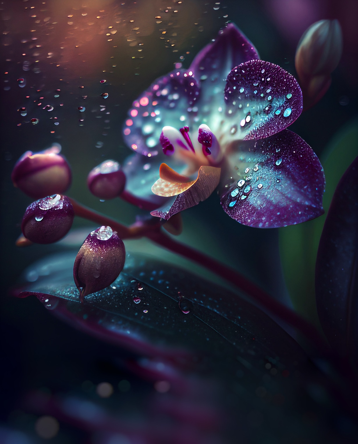 Purple orchids with water drops and buds HD Phone Wallpaper