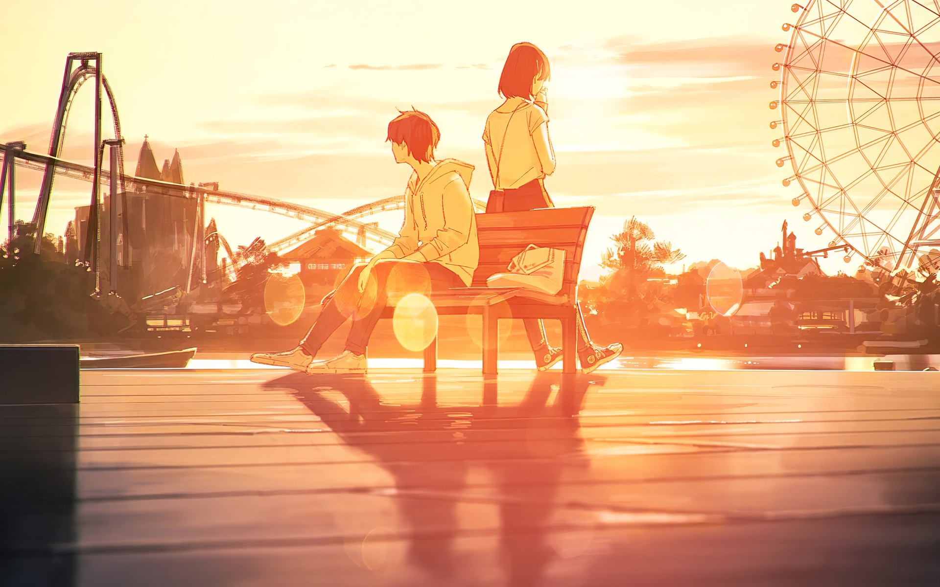 Anime couple on a bench at sunset with Ferris wheel HD Wallpaper
