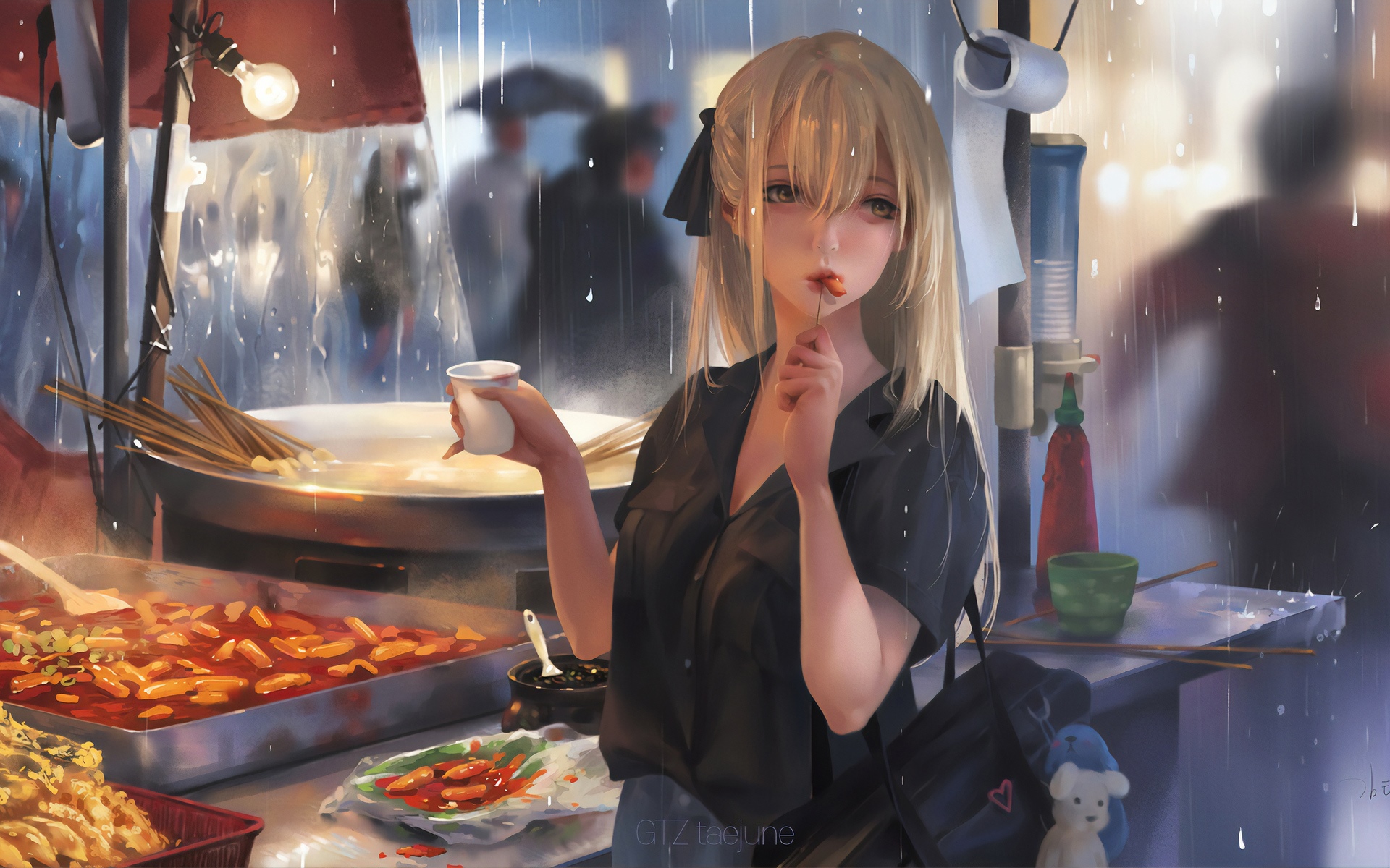 Anime girl eating street food in the rain HD Wallpaper