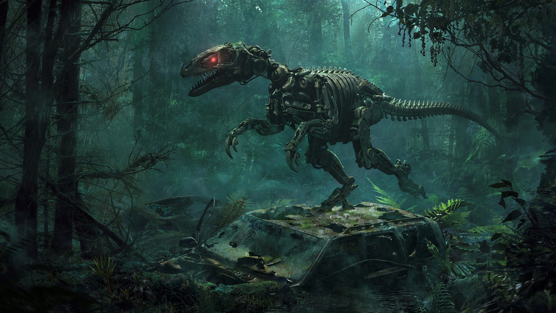 Mechanical Raptor with Red Eyes in a Forest HD Wallpaper