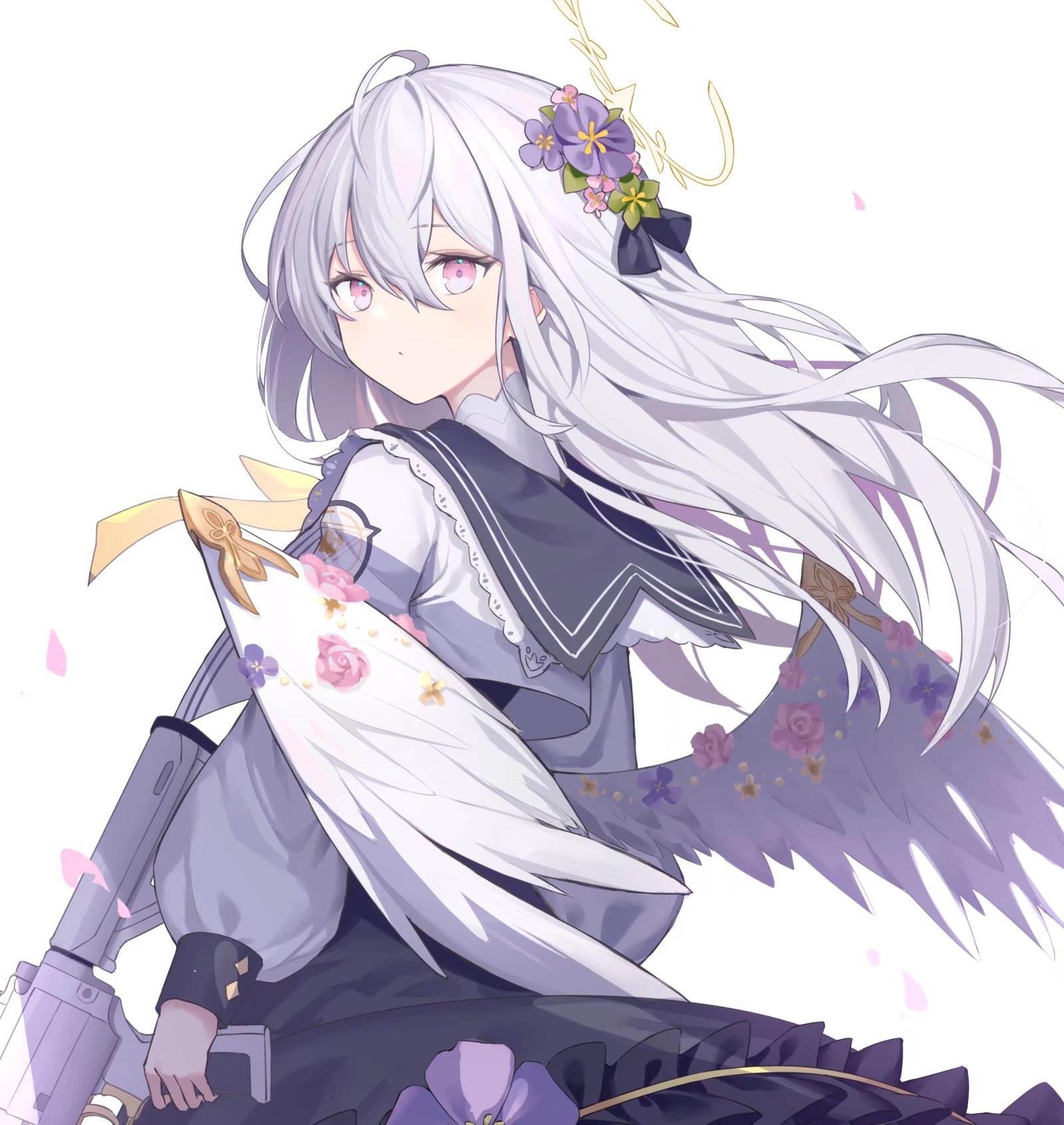Girl with white hair, wings, and flowers holding a gun HD Wallpaper