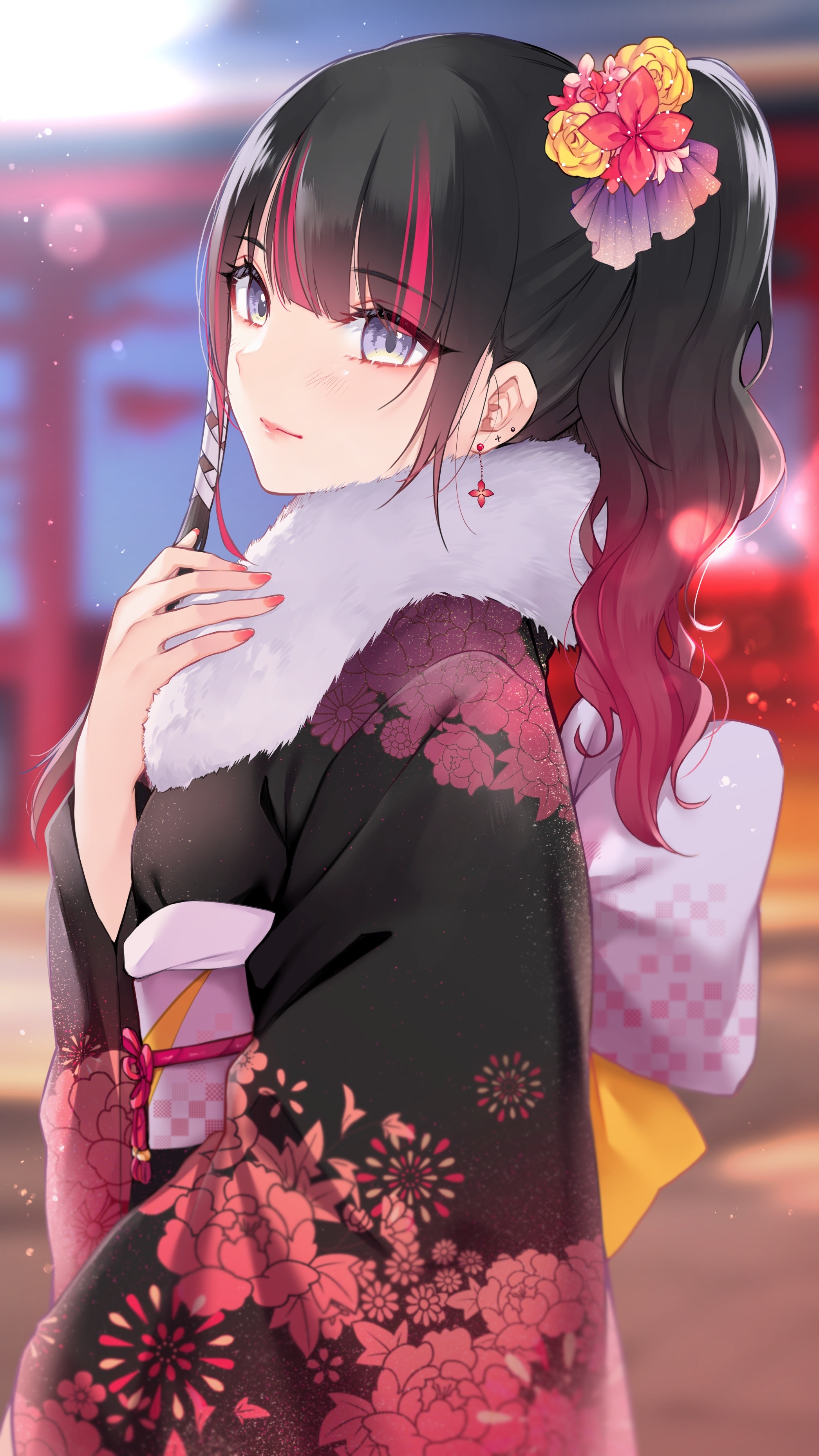 Anime girl in kimono with flower in hair HD Phone Wallpaper
