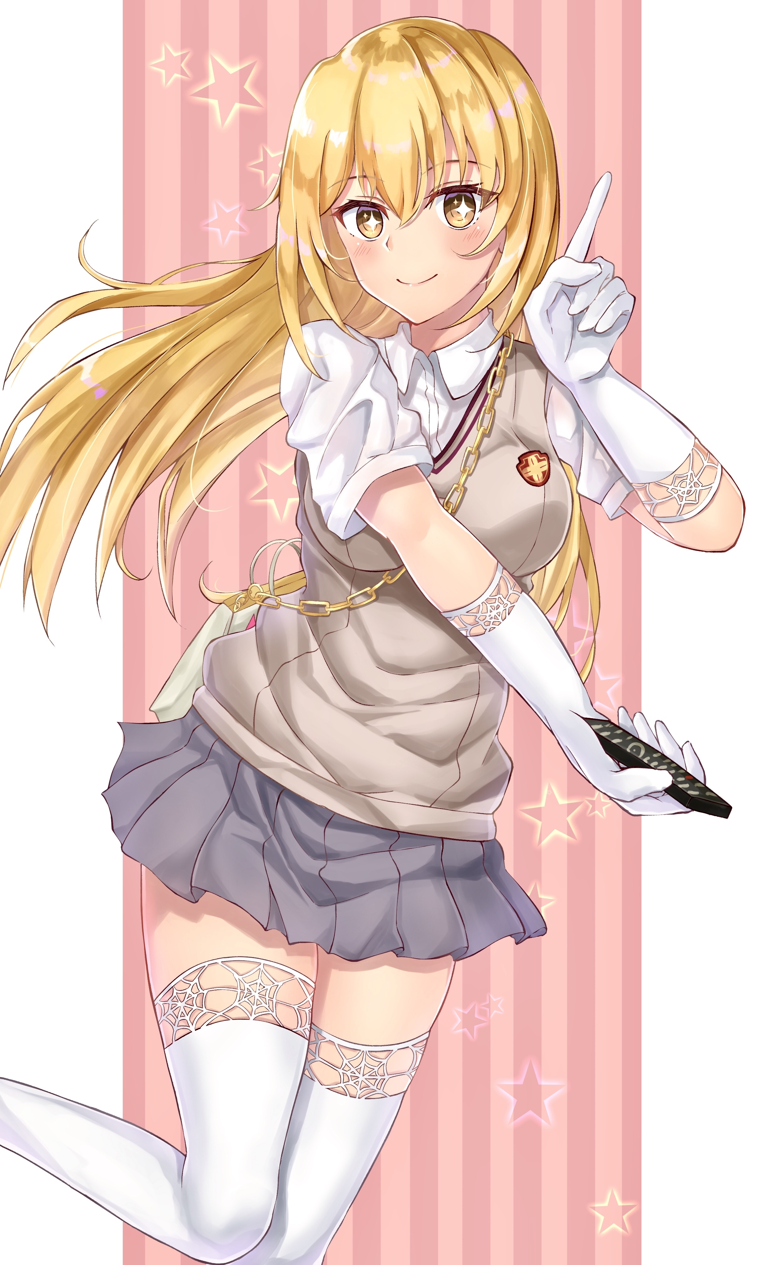 Shokuhou Misaki in a school uniform holding a remote HD Phone Wallpaper