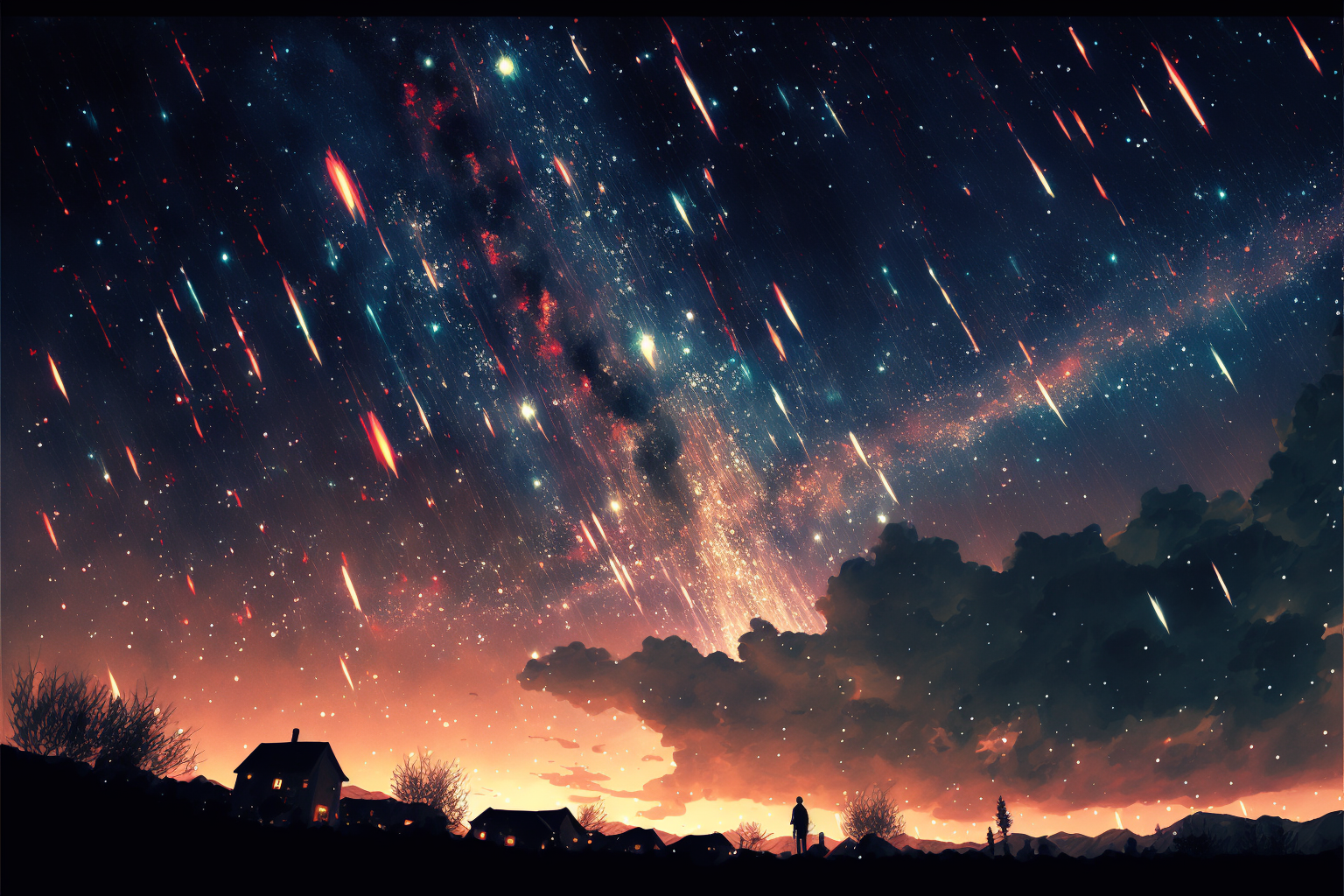 Night sky with shooting stars over a village HD Wallpaper