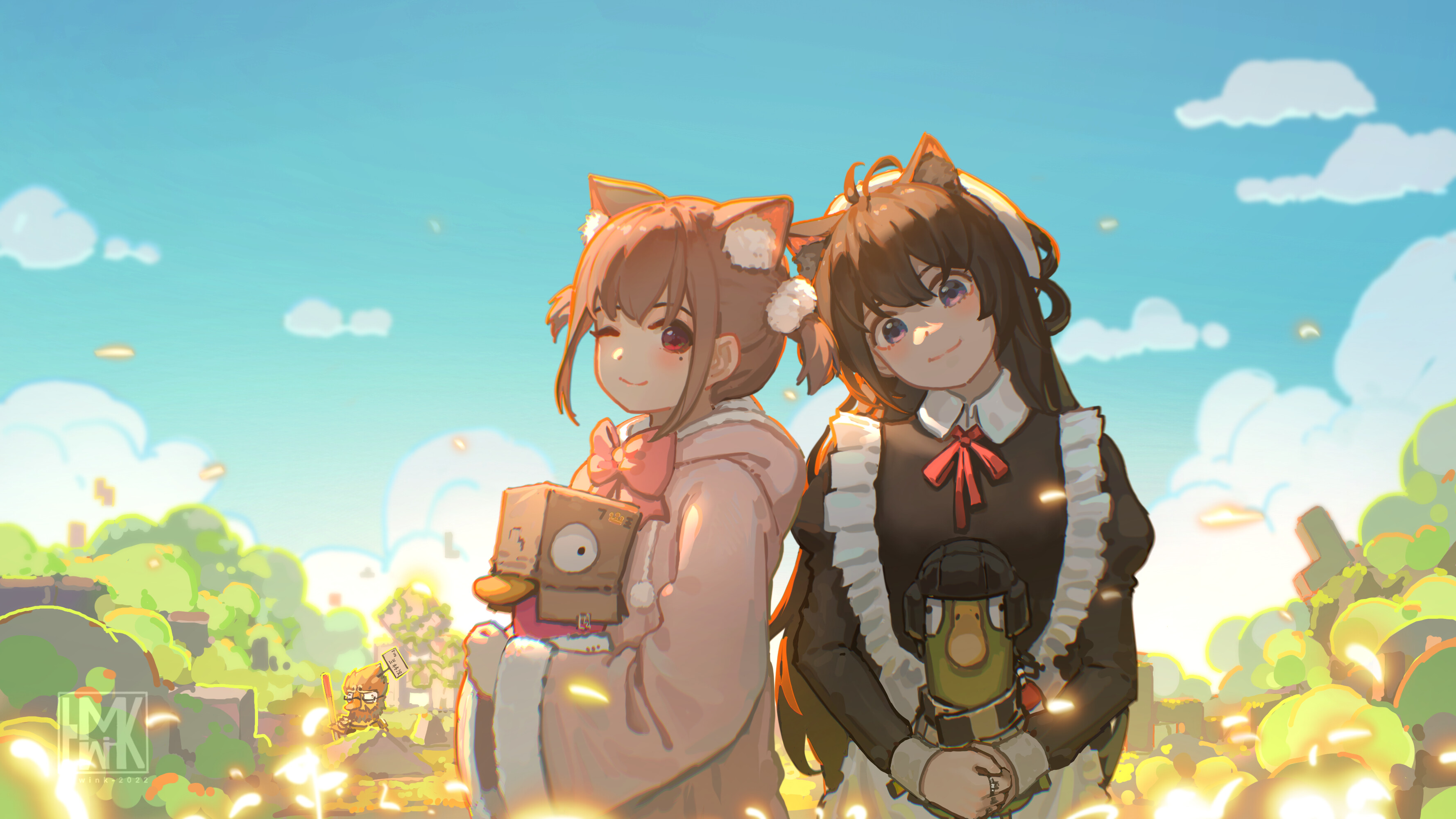 Two anime cat girls with plush toys HD Wallpaper