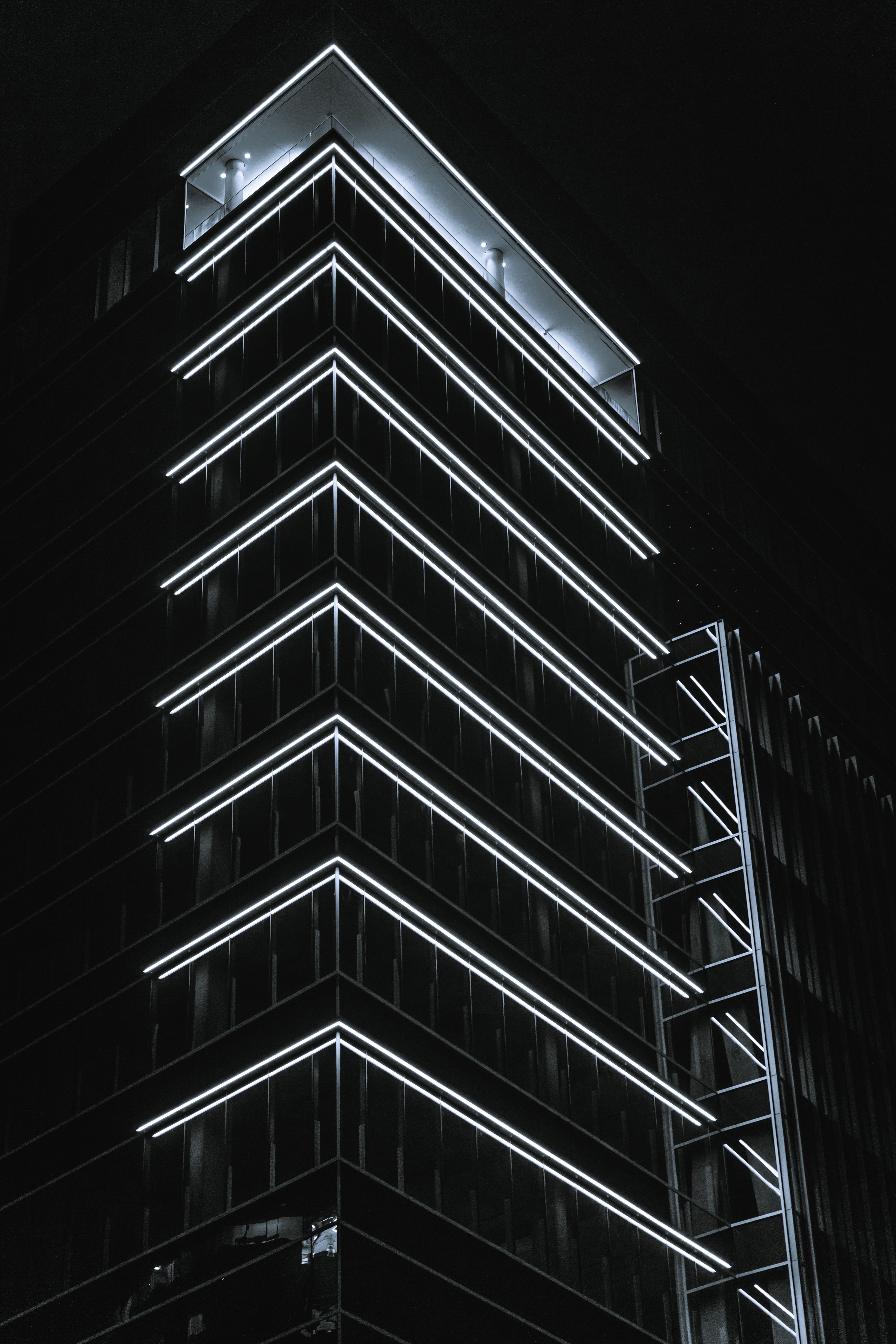 Monochrome building with neon lights at night HD Phone Wallpaper