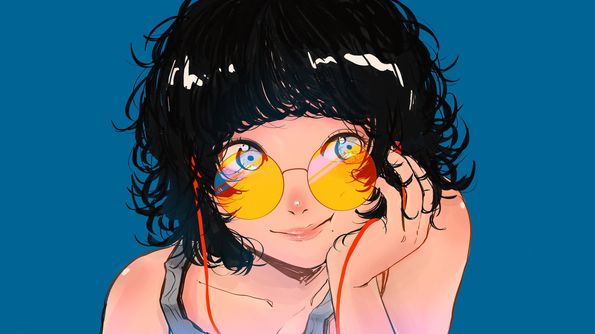 Girl with yellow glasses and earphones listening to music HD Wallpaper