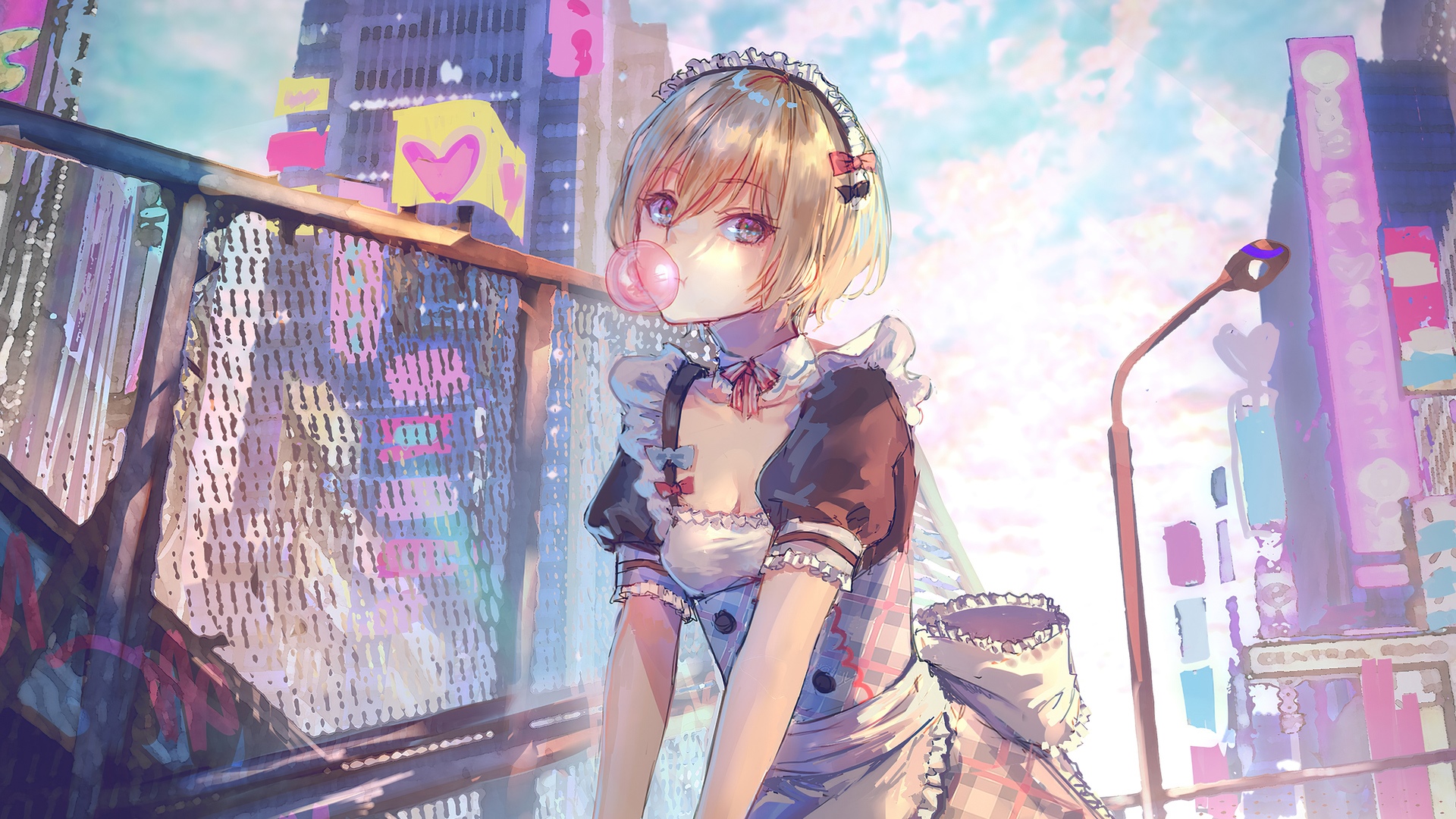 Maid blowing bubble gum in a city HD Wallpaper