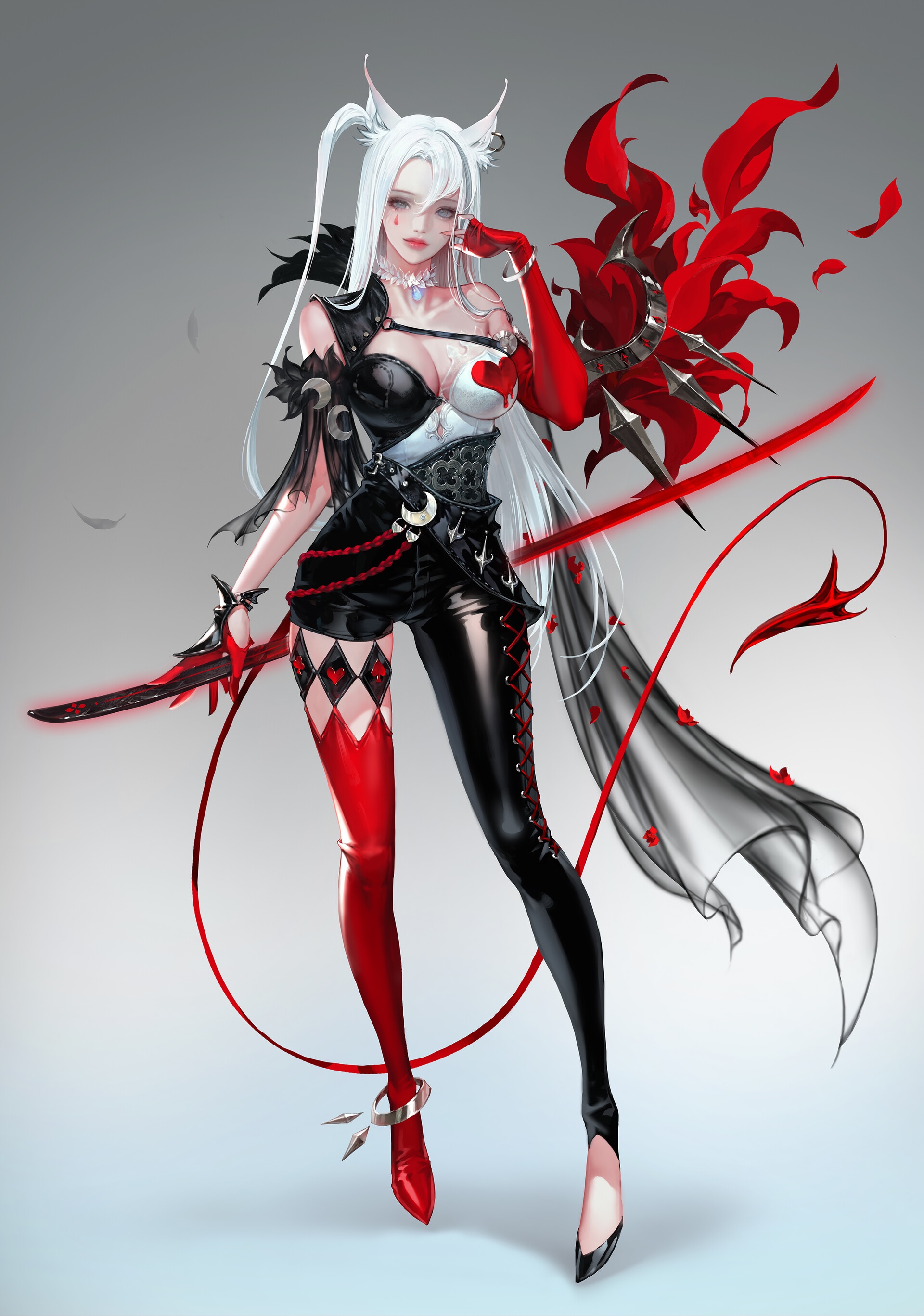 Woman with white hair and red and black outfit holding a sword HD Phone Wallpaper