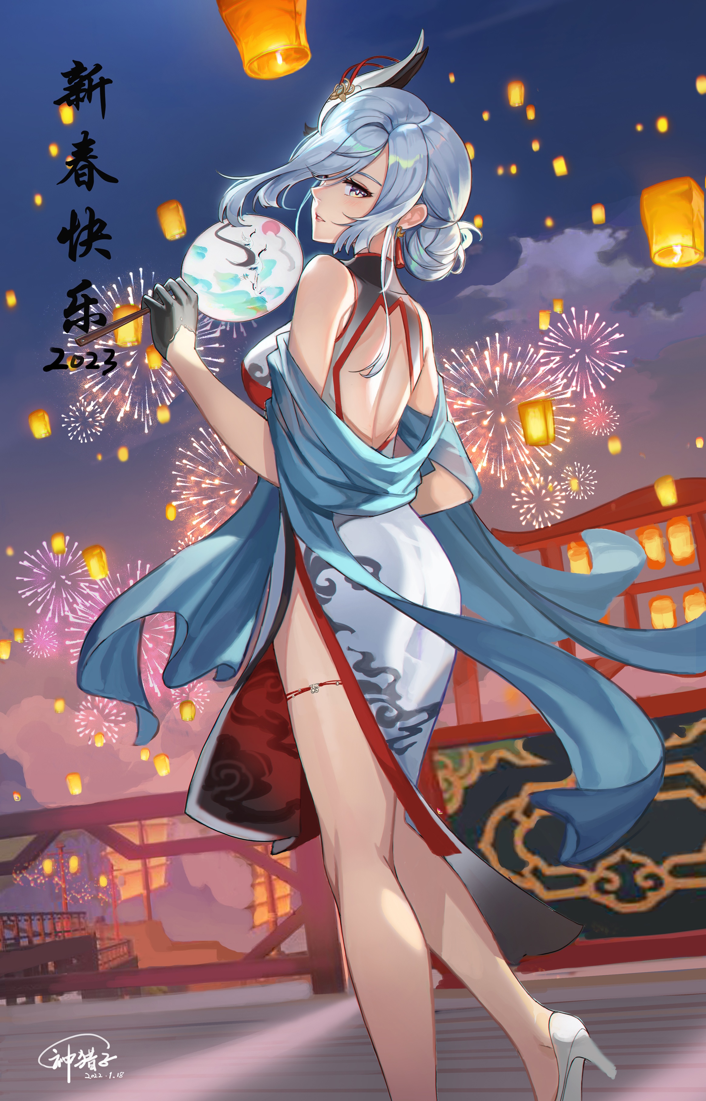 Shenhe in a Chinese dress with fireworks and lanterns HD Phone Wallpaper