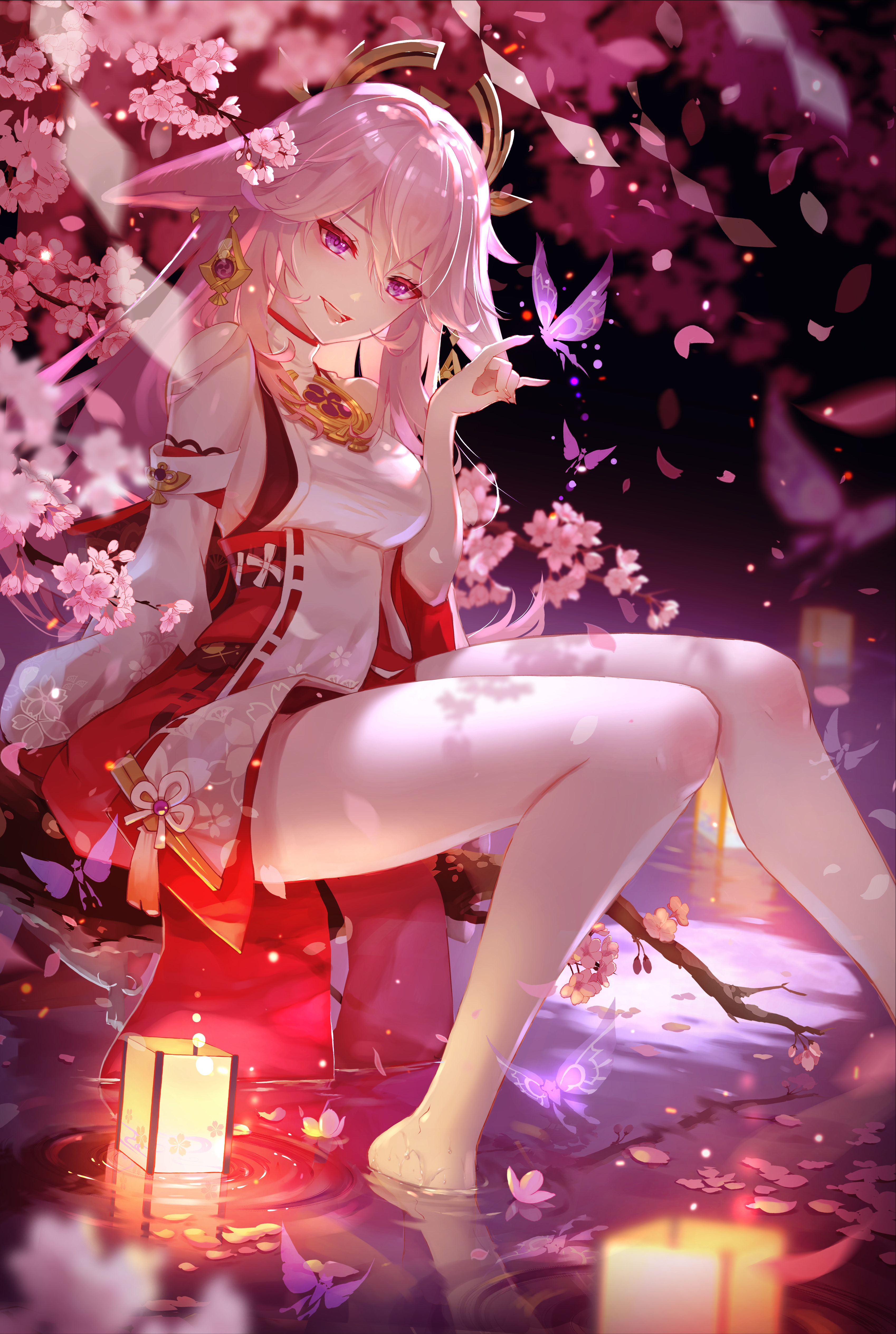 Yae Miko surrounded by cherry blossoms and lanterns HD Phone Wallpaper