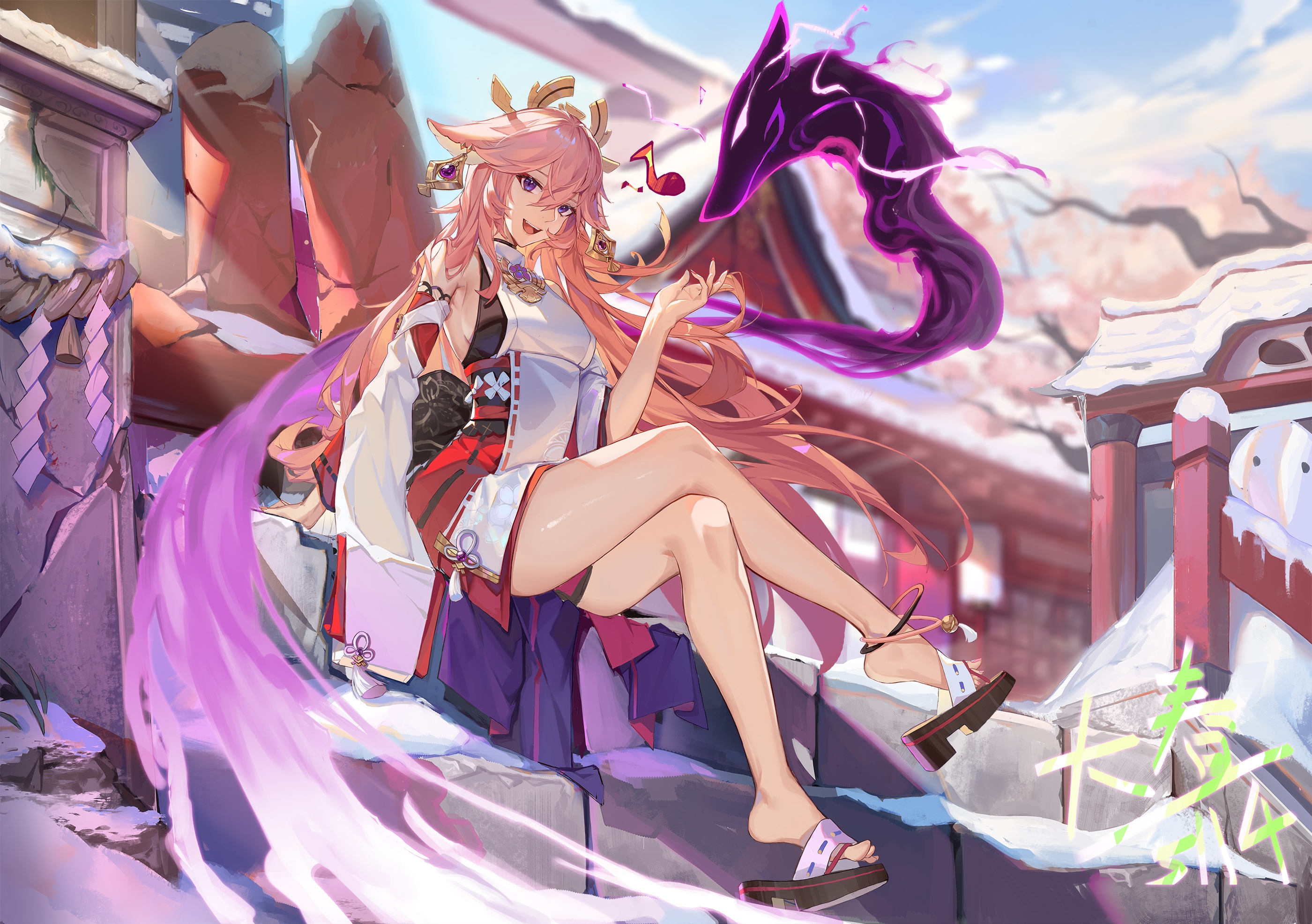 Yae Miko with a purple fox spirit in Genshin Impact HD Wallpaper
