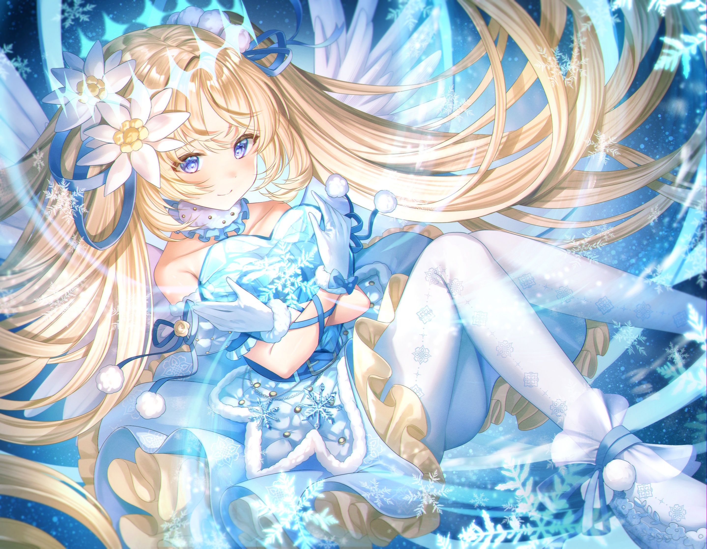 Anime girl with blonde hair and blue eyes holding a snowflake HD Wallpaper