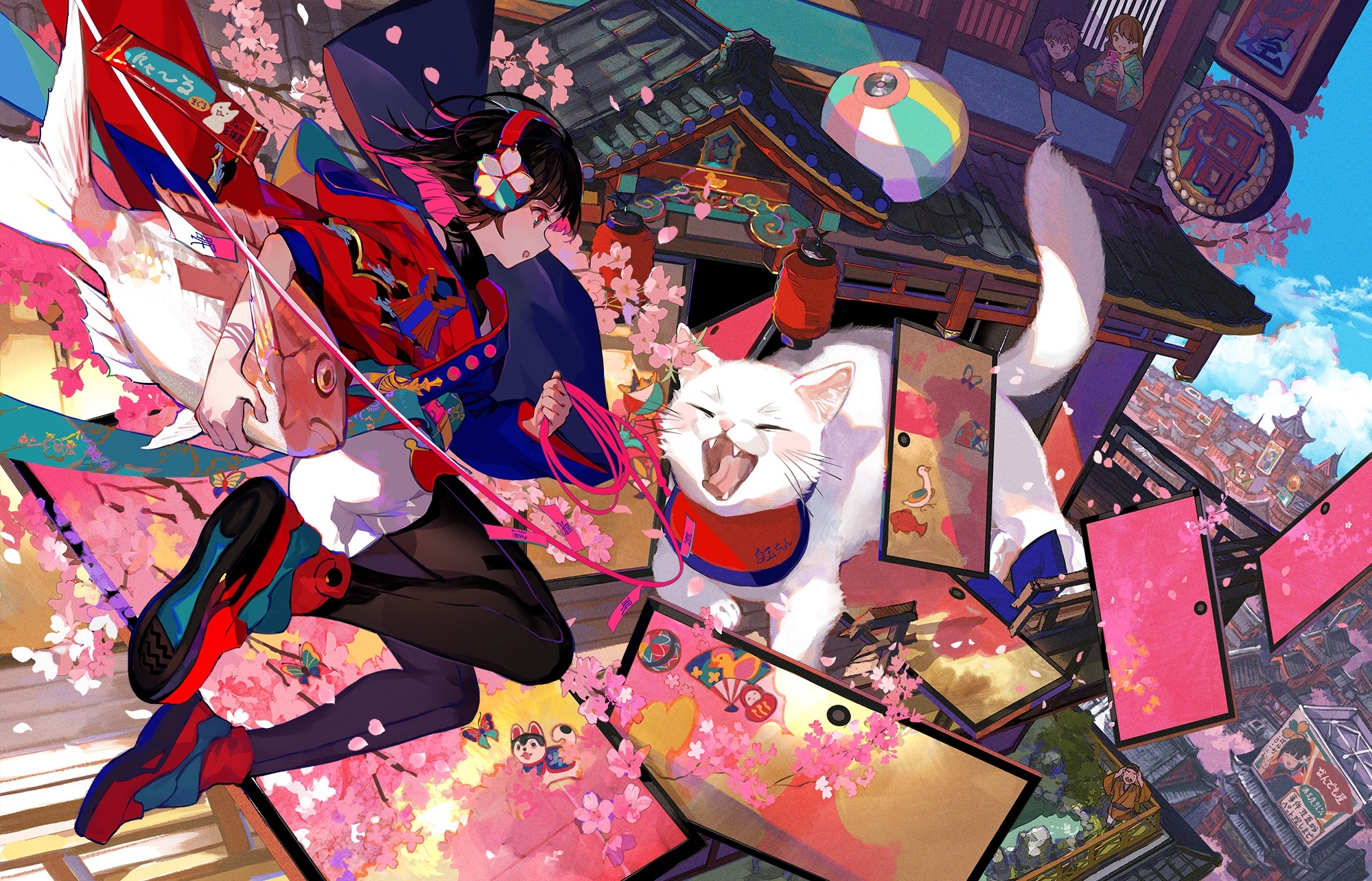 Anime girl with fish and cat in Japanese town HD Wallpaper