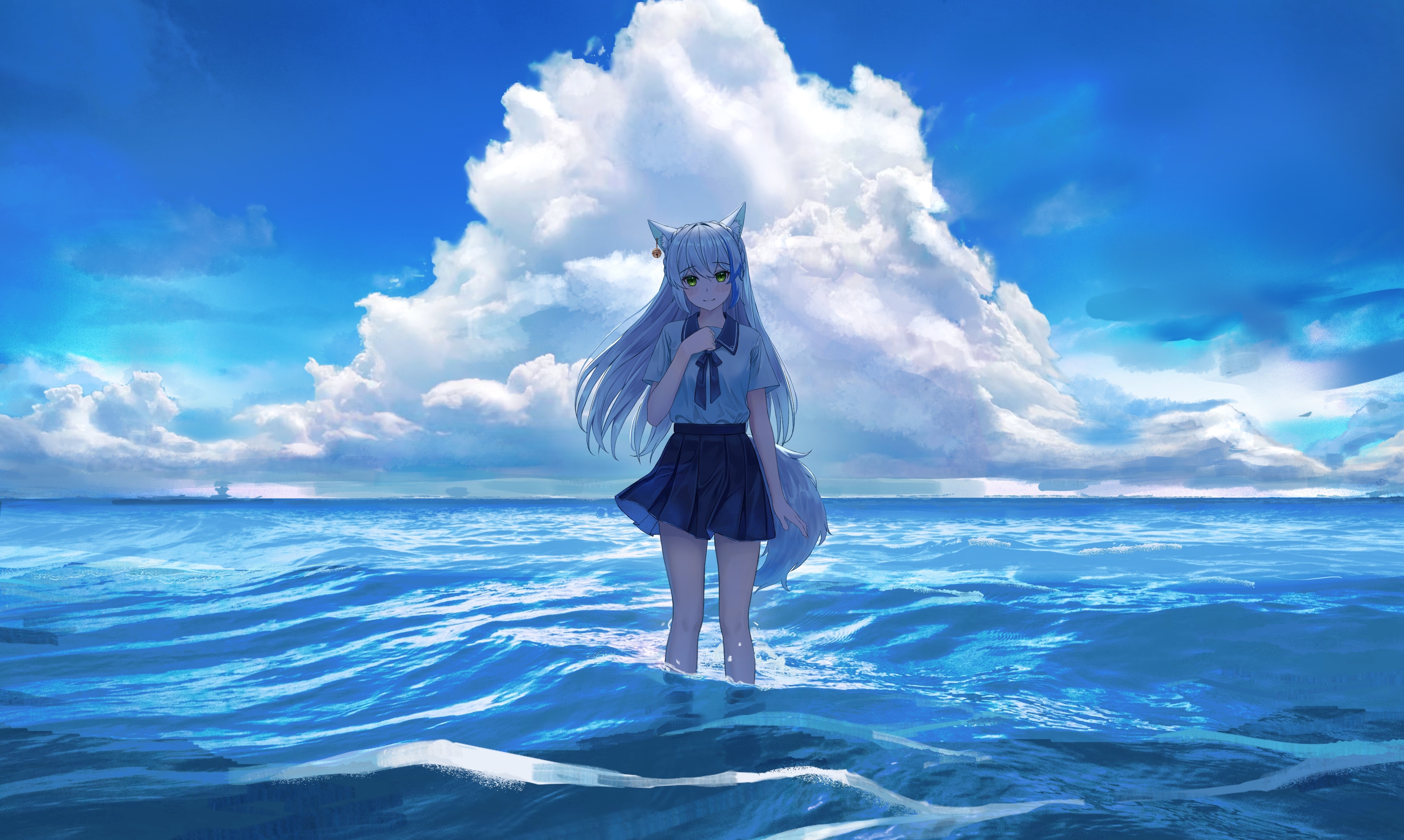 Fox girl standing in the sea under clouds HD Wallpaper
