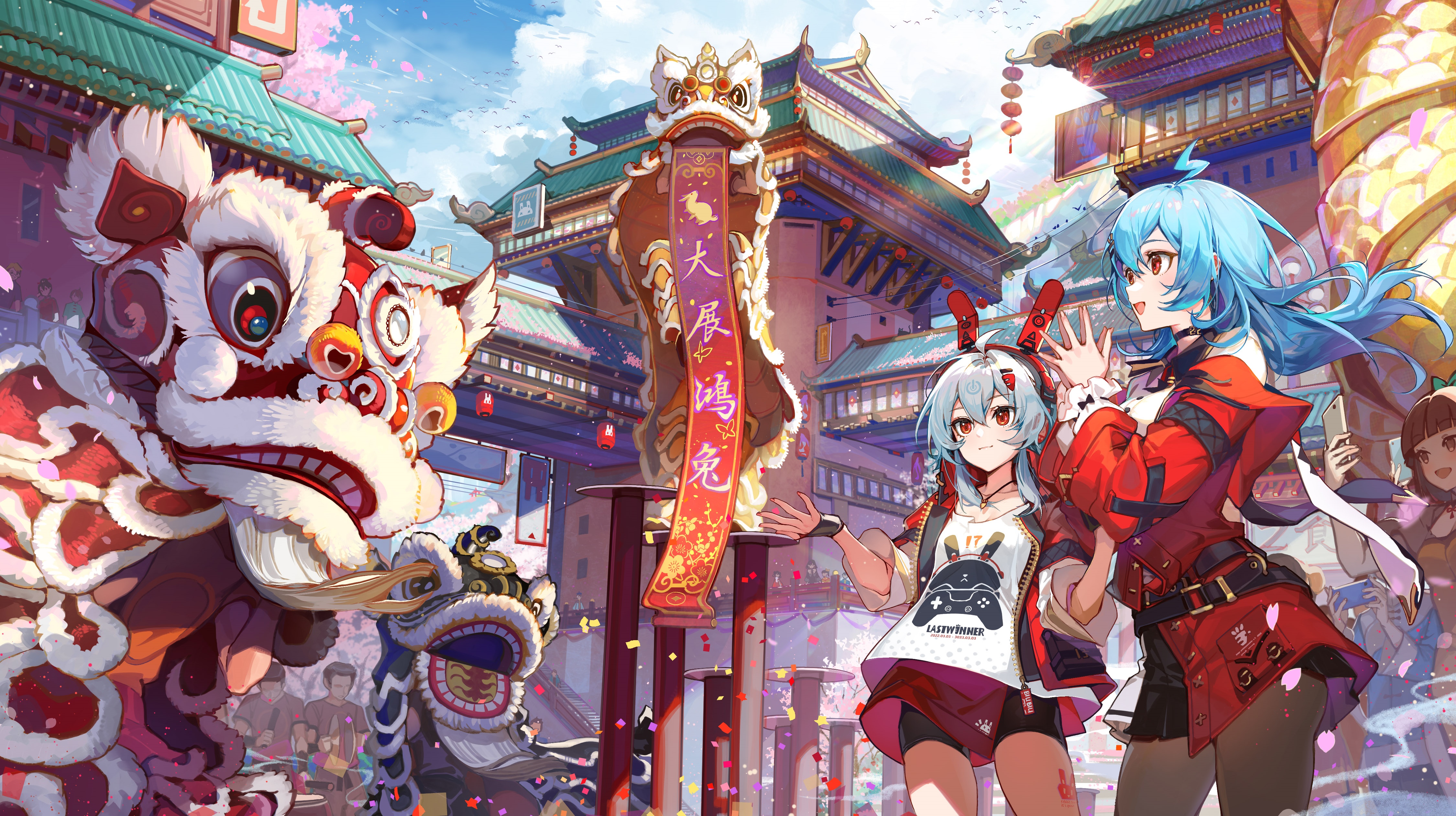 4K Chinese New Year Lion Dance with Two Women HD Wallpaper