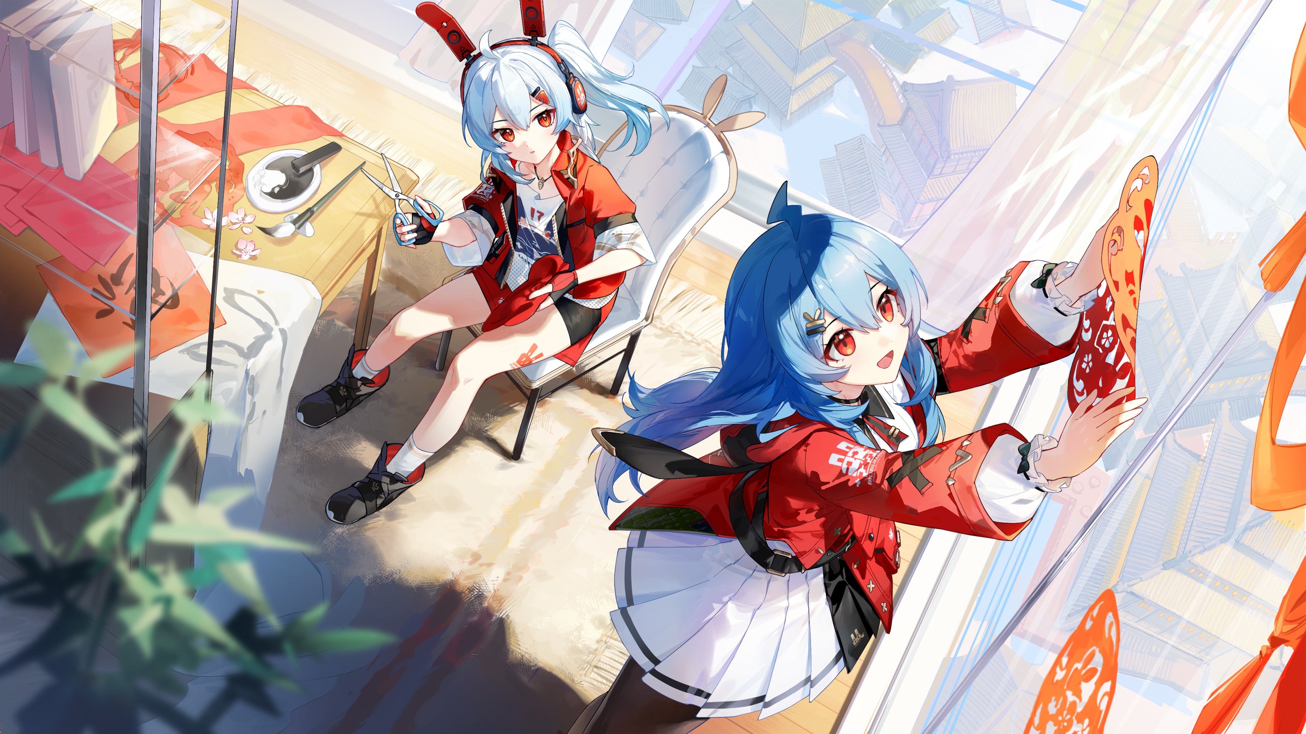 4K Chinese New Year Paper-cut with Two Women HD Wallpaper