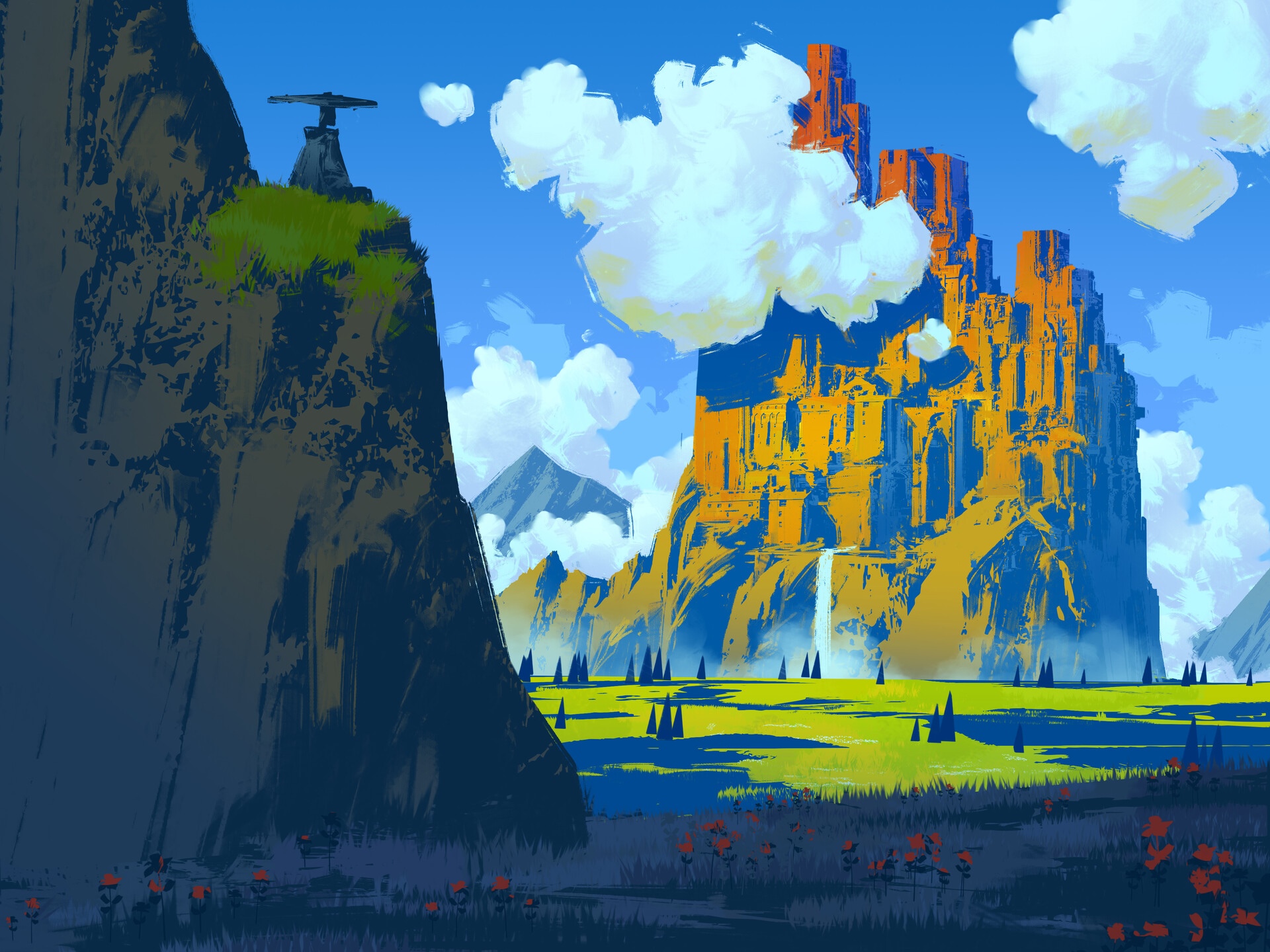 Fantasy castle on a mountain with a waterfall HD Wallpaper