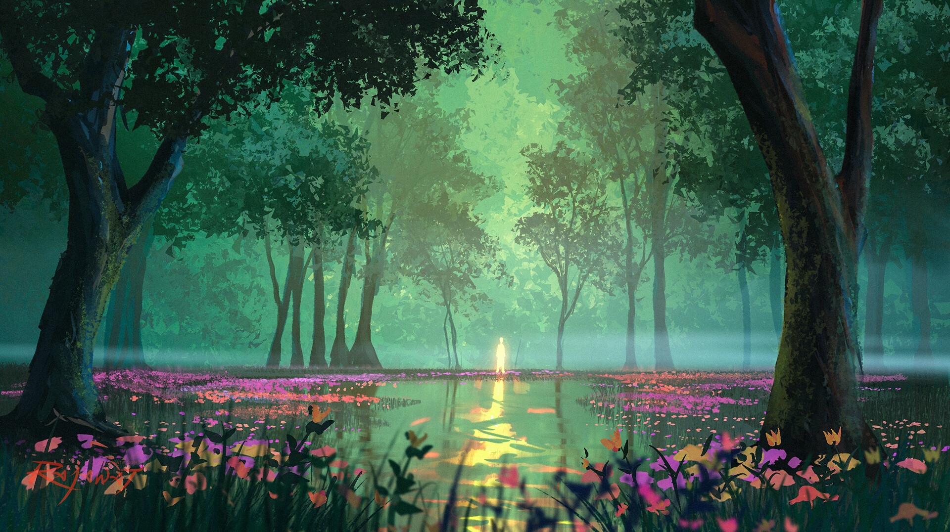 A glowing figure stands in a misty forest with flowers and water HD Wallpaper