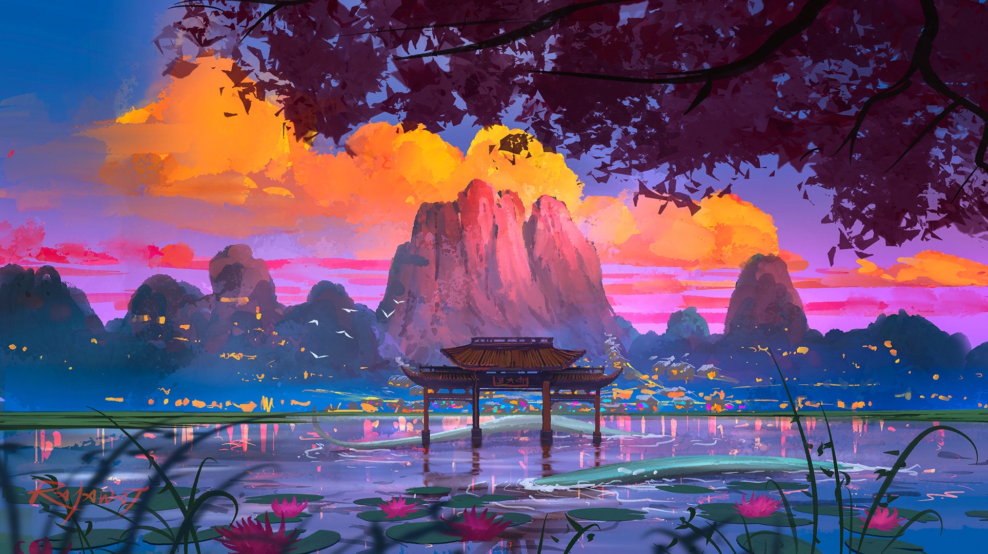 Torii gate on a lake with mountains and clouds HD Wallpaper