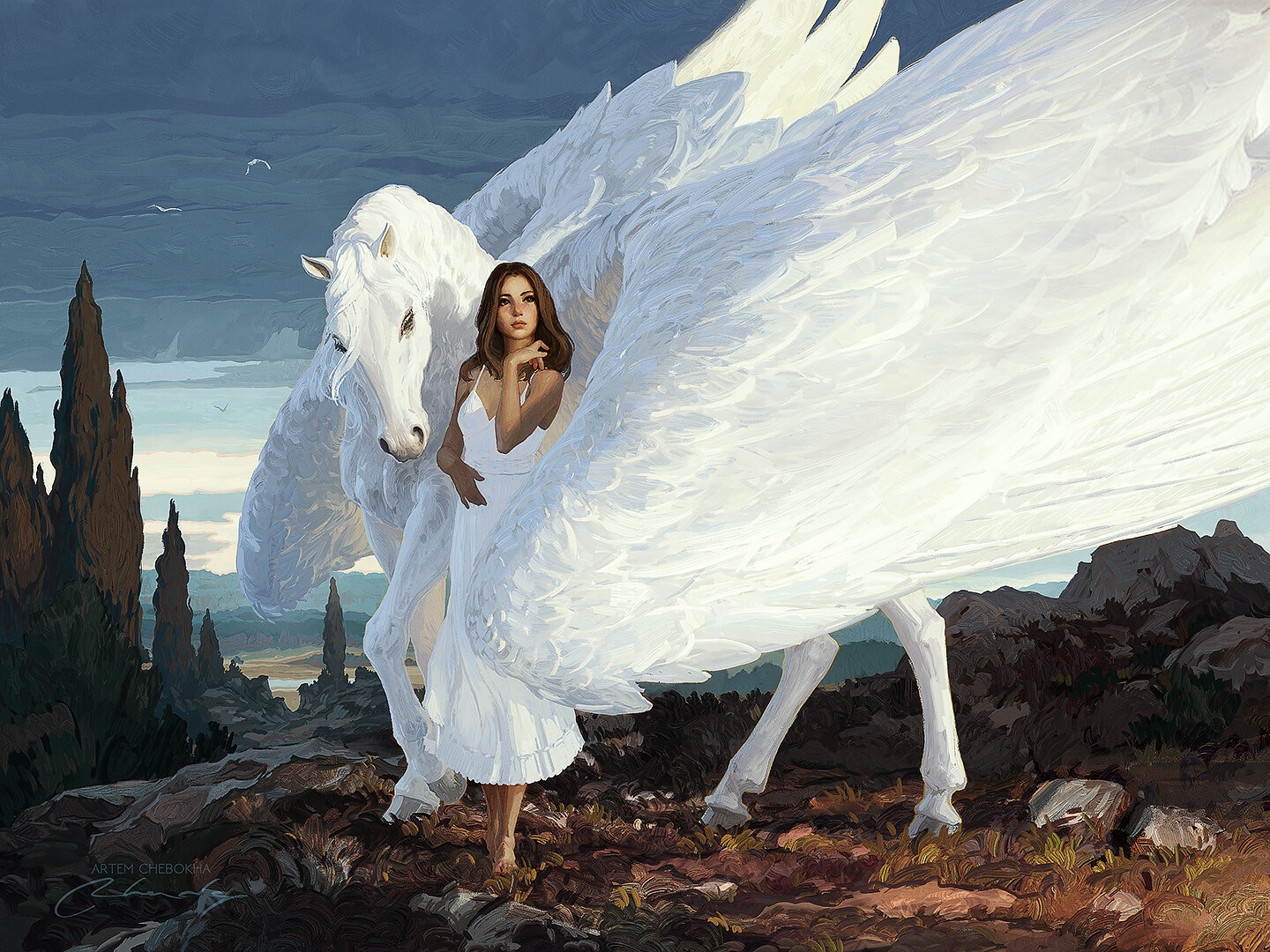 Woman in white dress with Pegasus HD Wallpaper