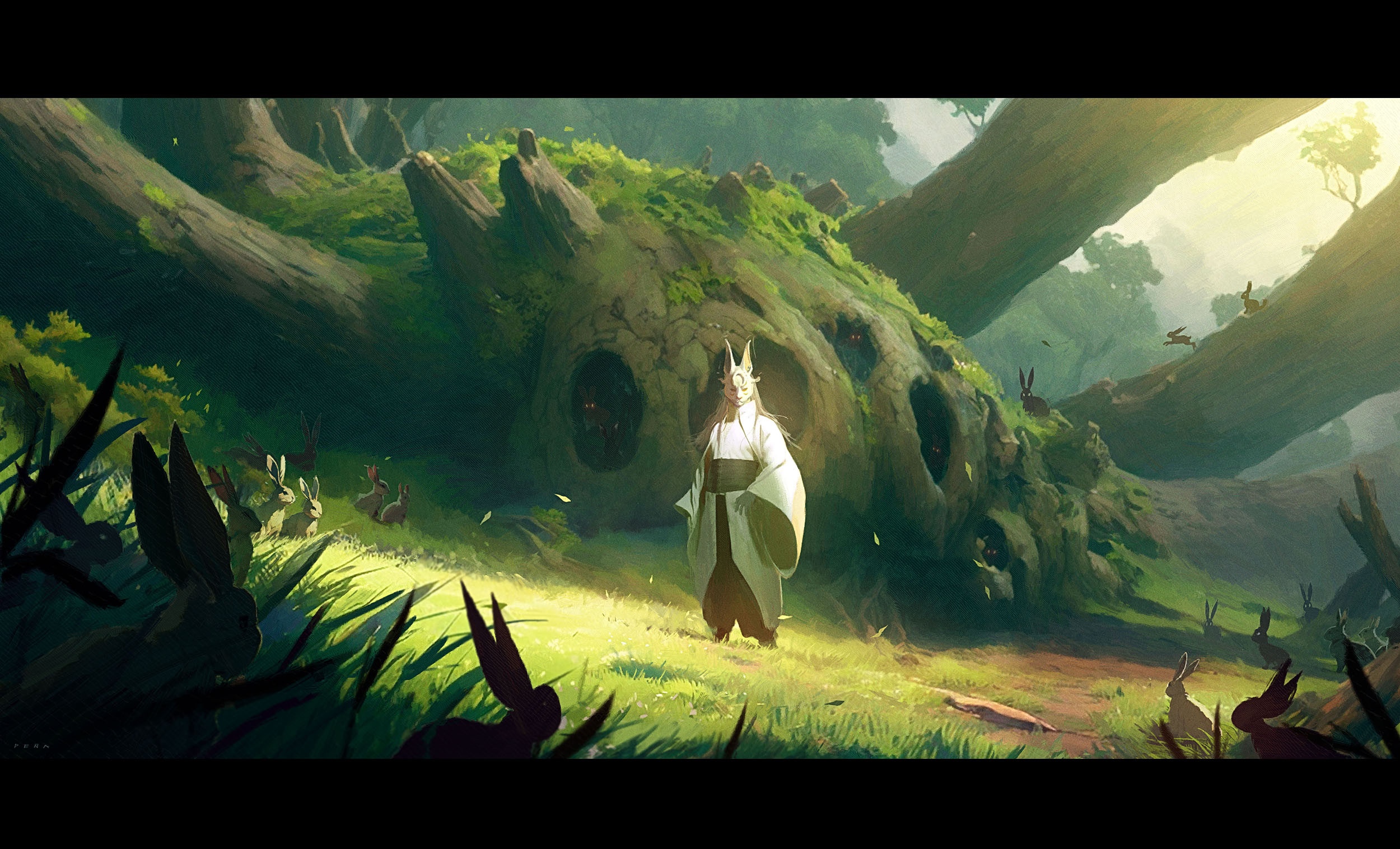 A masked figure stands in a forest with rabbits HD Wallpaper