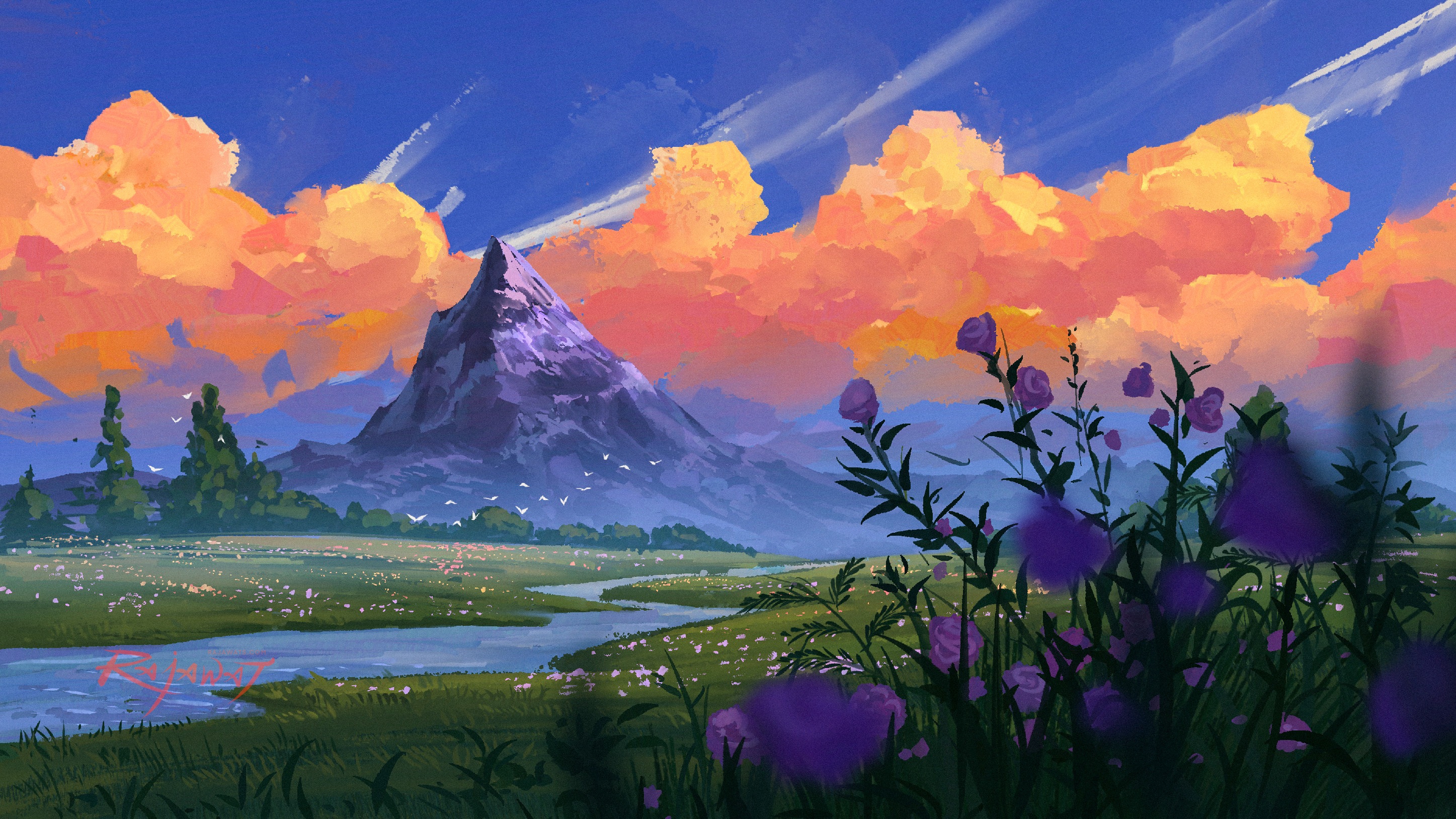 Digital painting of a mountain landscape with flowers HD Wallpaper