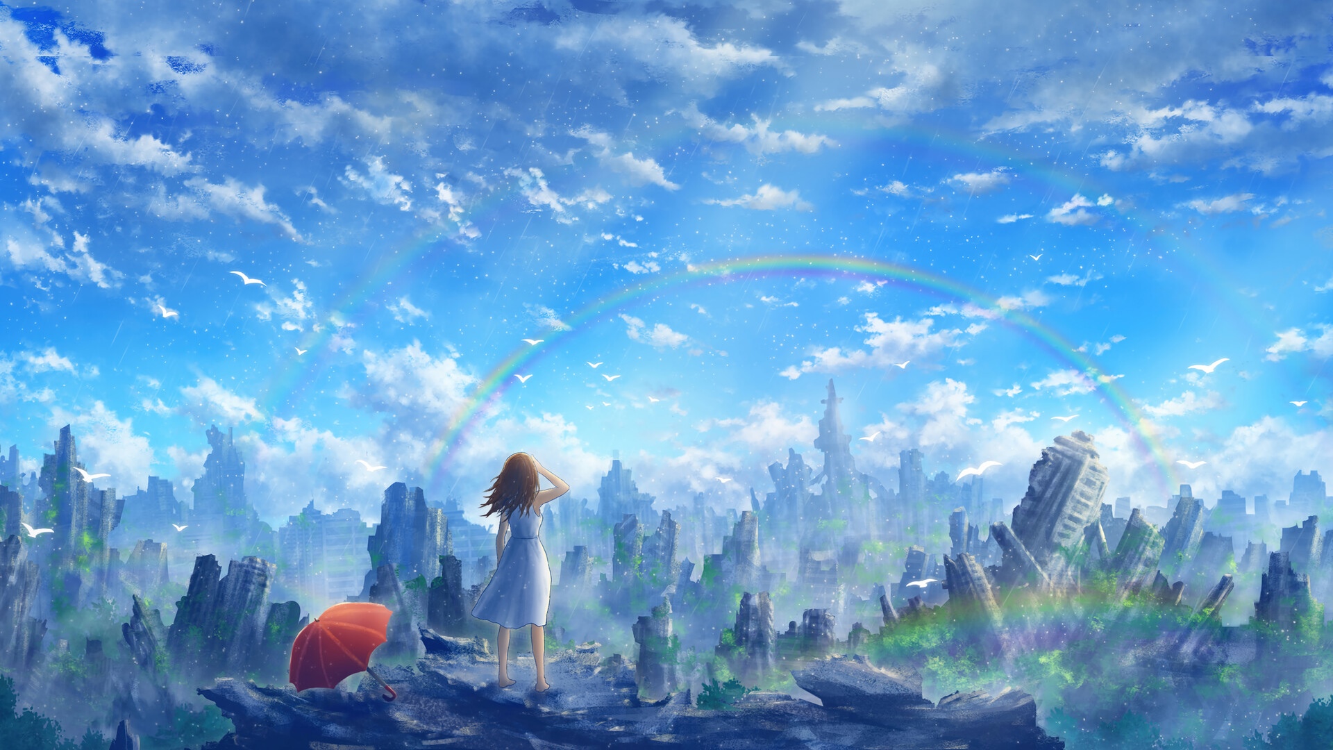 Girl with umbrella in post-apocalyptic city with rainbows HD Wallpaper