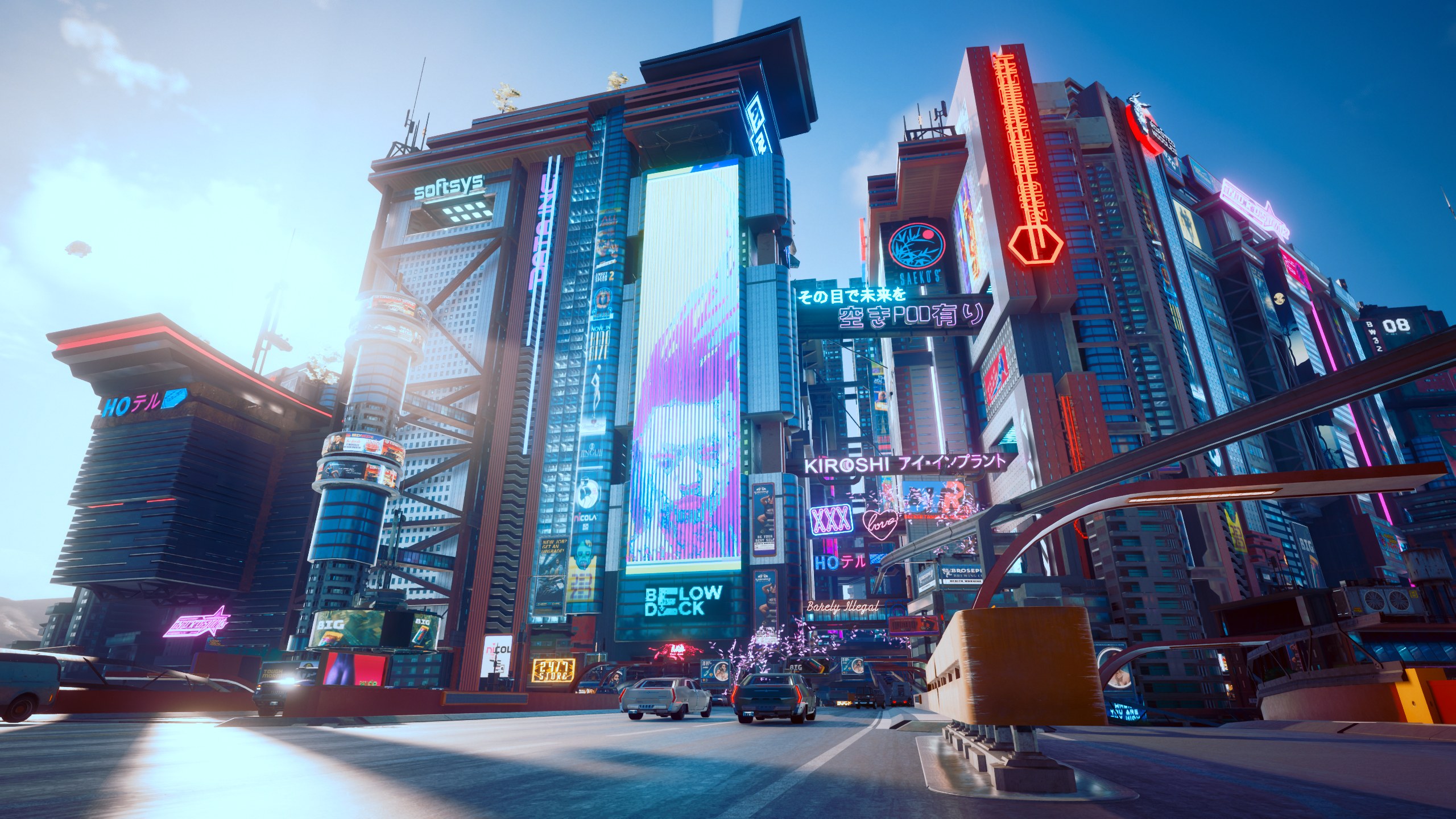 Cyberpunk 2077 city street with neon signs and buildings HD Wallpaper