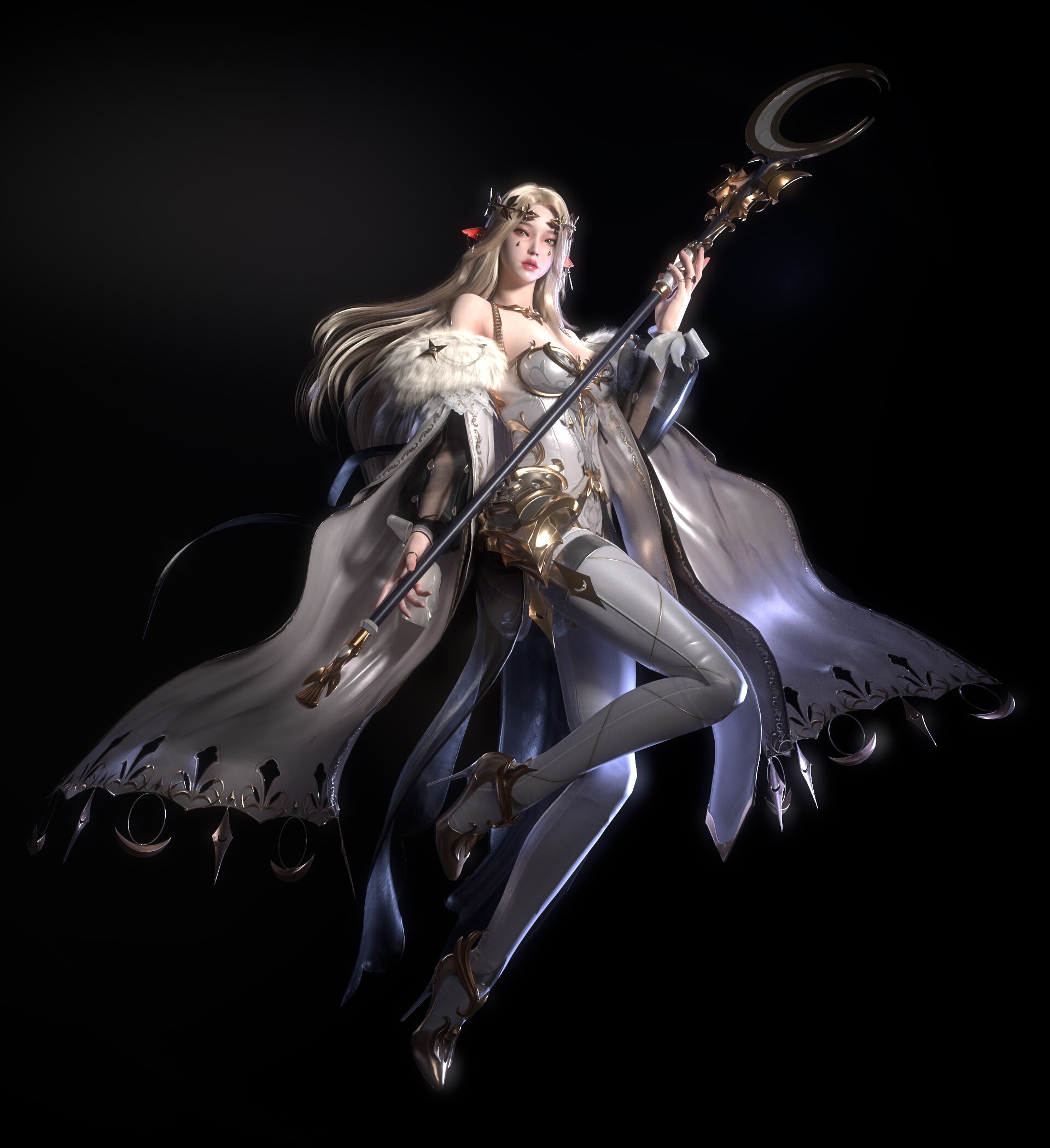 Fantasy girl with a staff on a black background HD Wallpaper