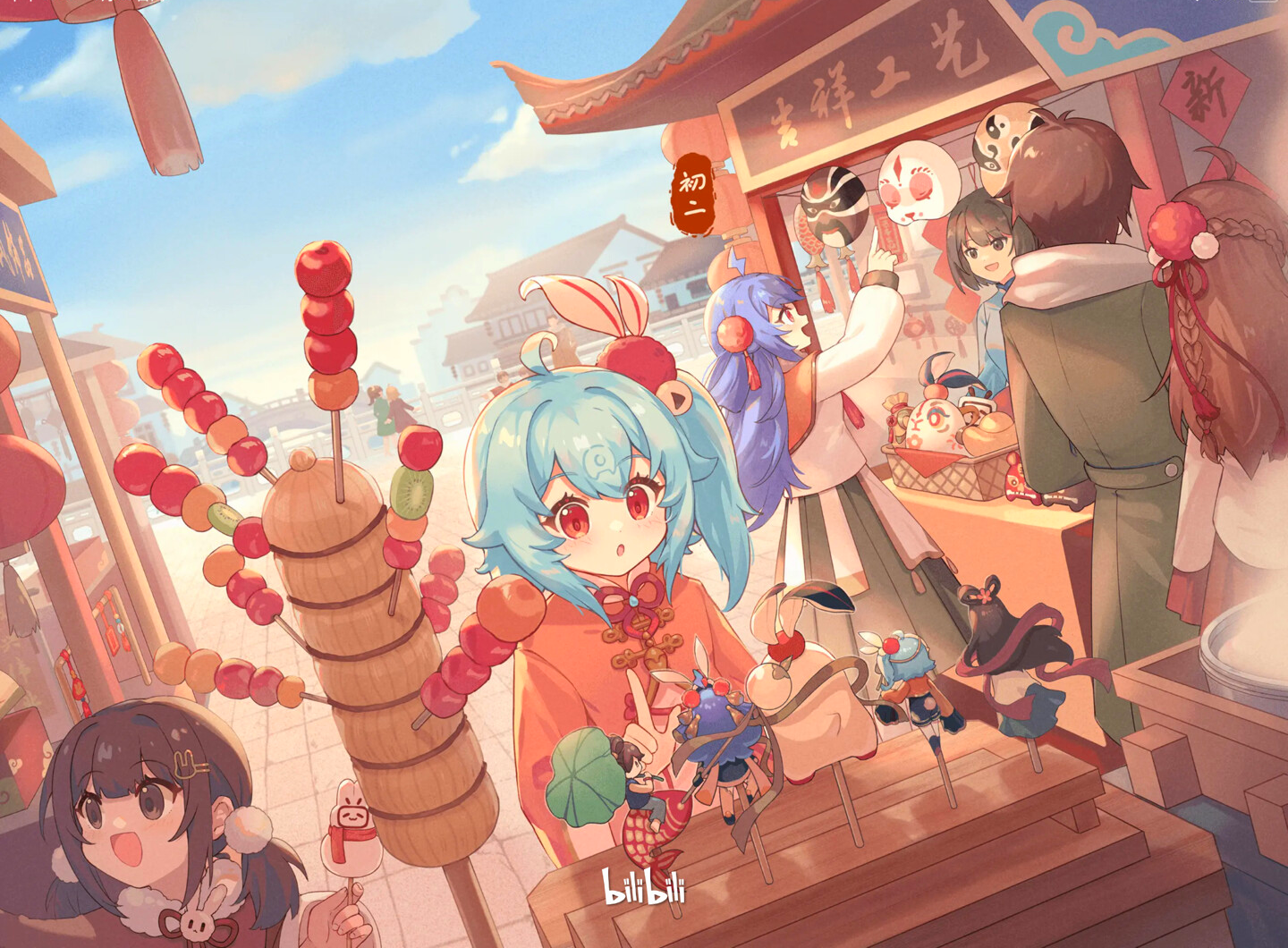 Bilibili characters at a festive market stall HD Wallpaper