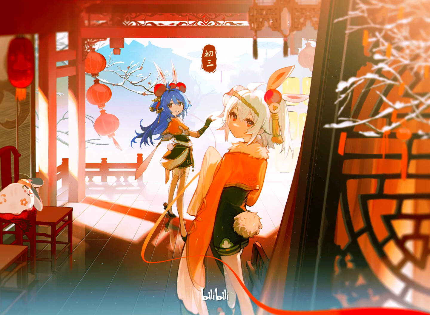 Bilibili characters in a snowy traditional Chinese setting HD Wallpaper