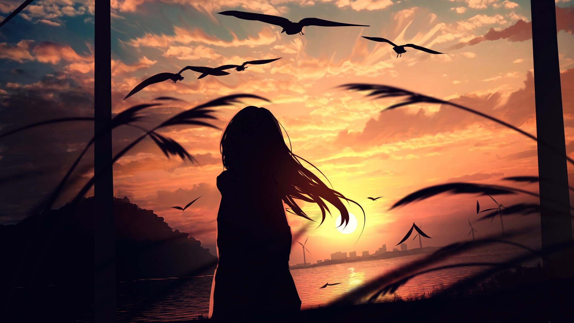 Silhouette of a girl watching a sunset with birds flying HD Wallpaper