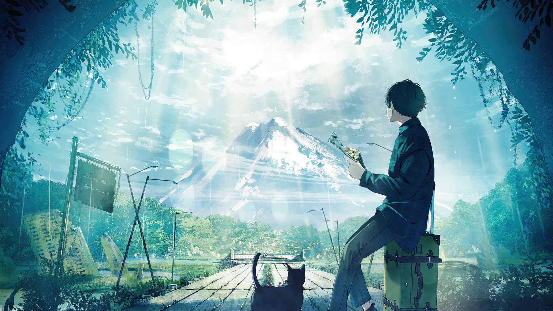 Anime boy with cat and luggage near mountains HD Wallpaper