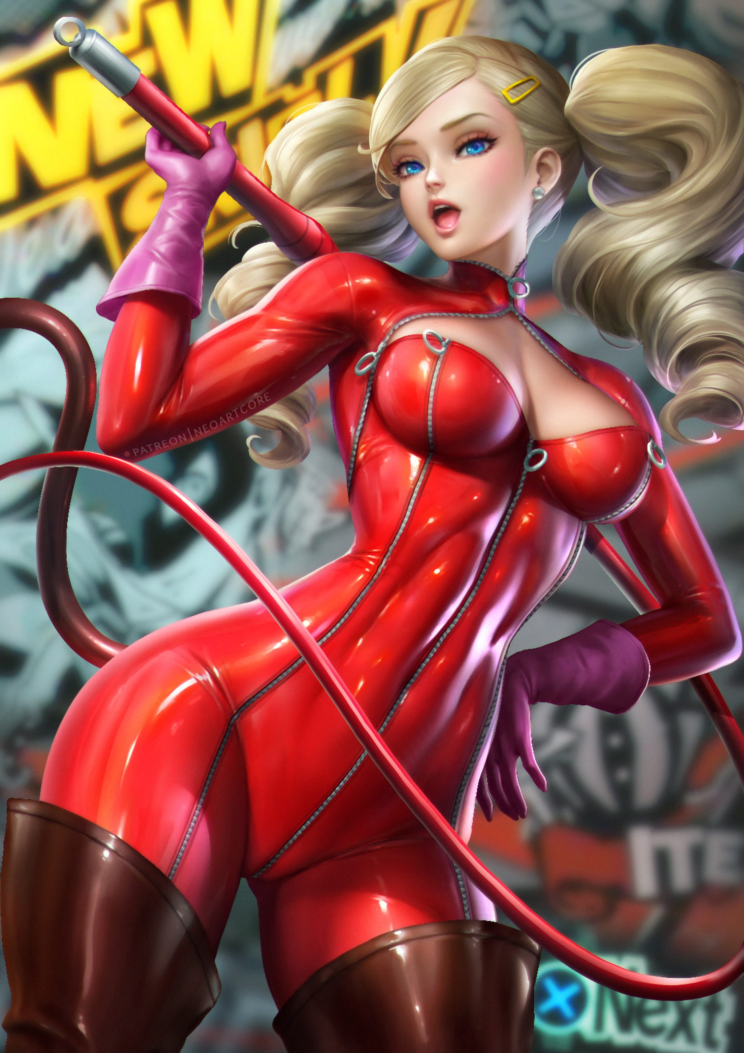 Ann Takamaki in a red catsuit with a whip HD Phone Wallpaper