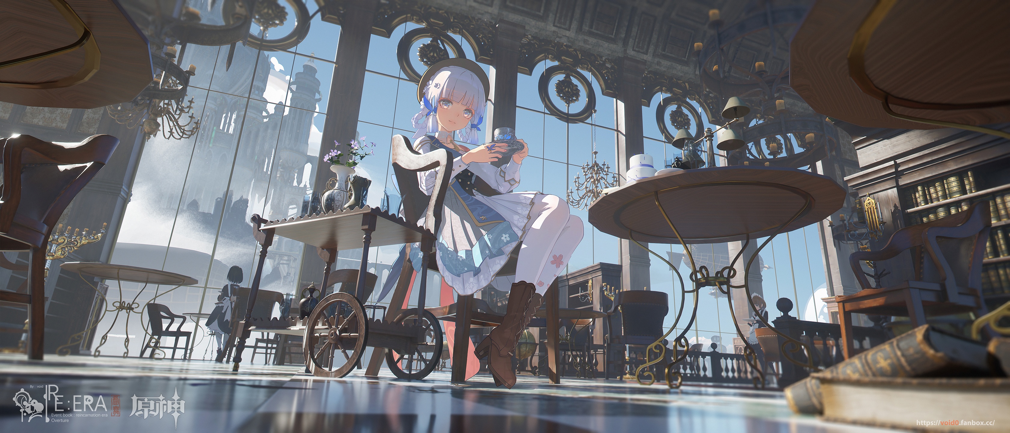 Maid with blue hair drinking tea in a library cafe HD Wallpaper
