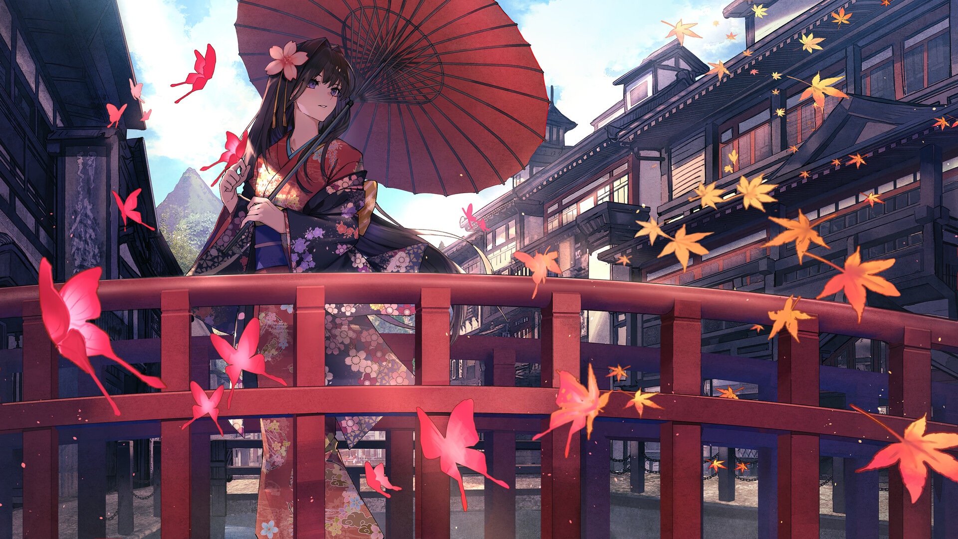 Woman in Kimono with Umbrella on a Bridge HD Wallpaper