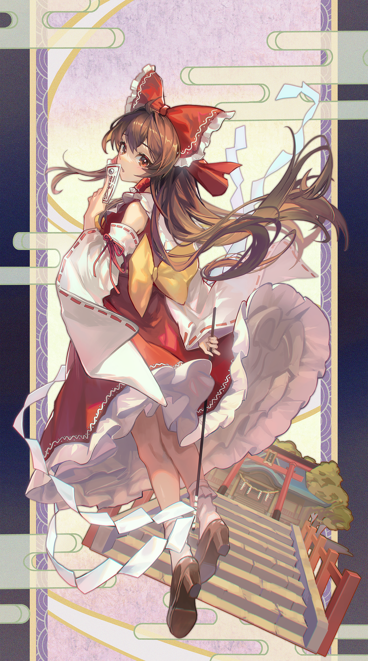 Reimu Hakurei standing on stairs with a shrine in the background HD Phone Wallpaper