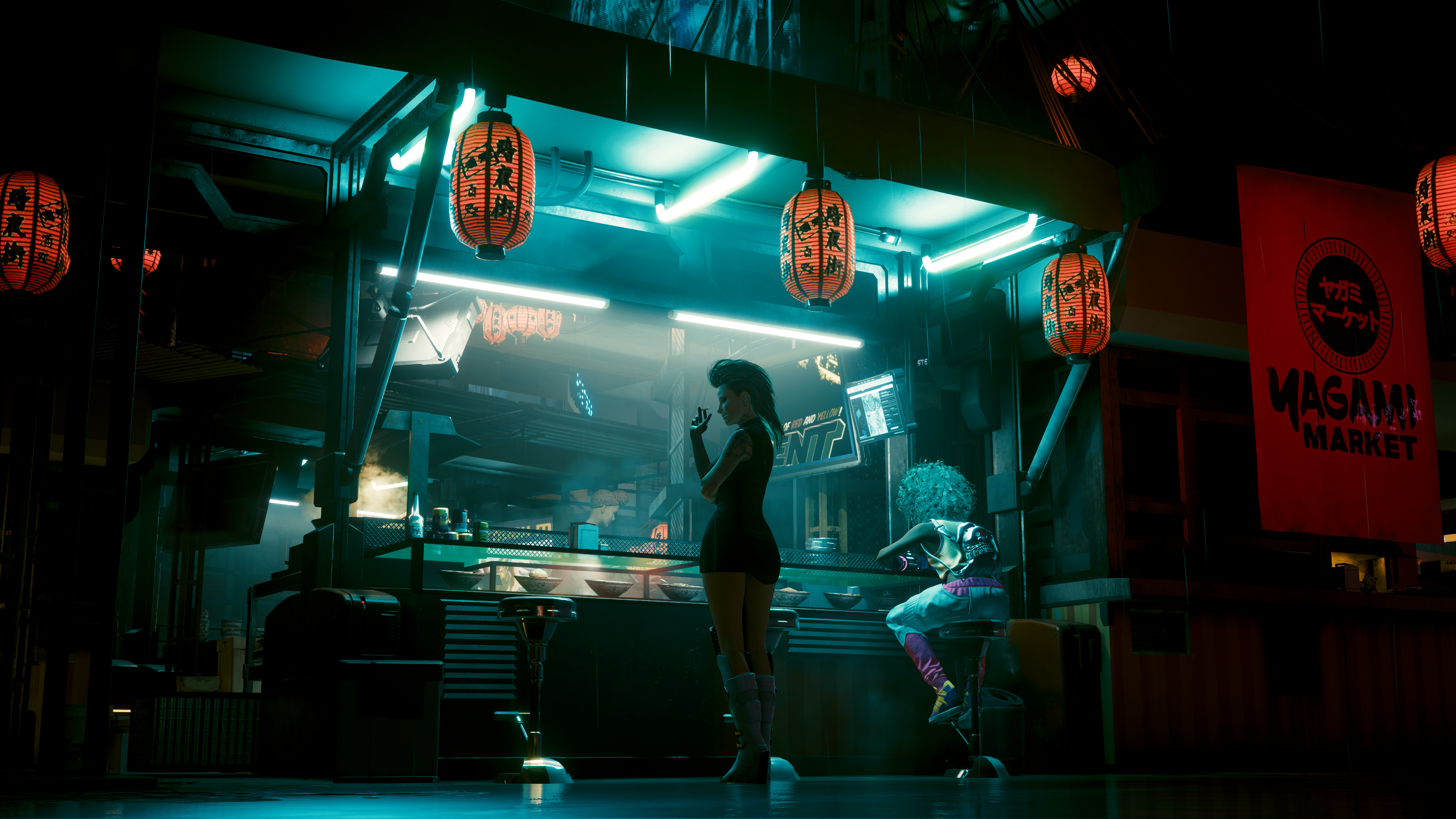 Cyberpunk 2077 street food stall with people HD Wallpaper