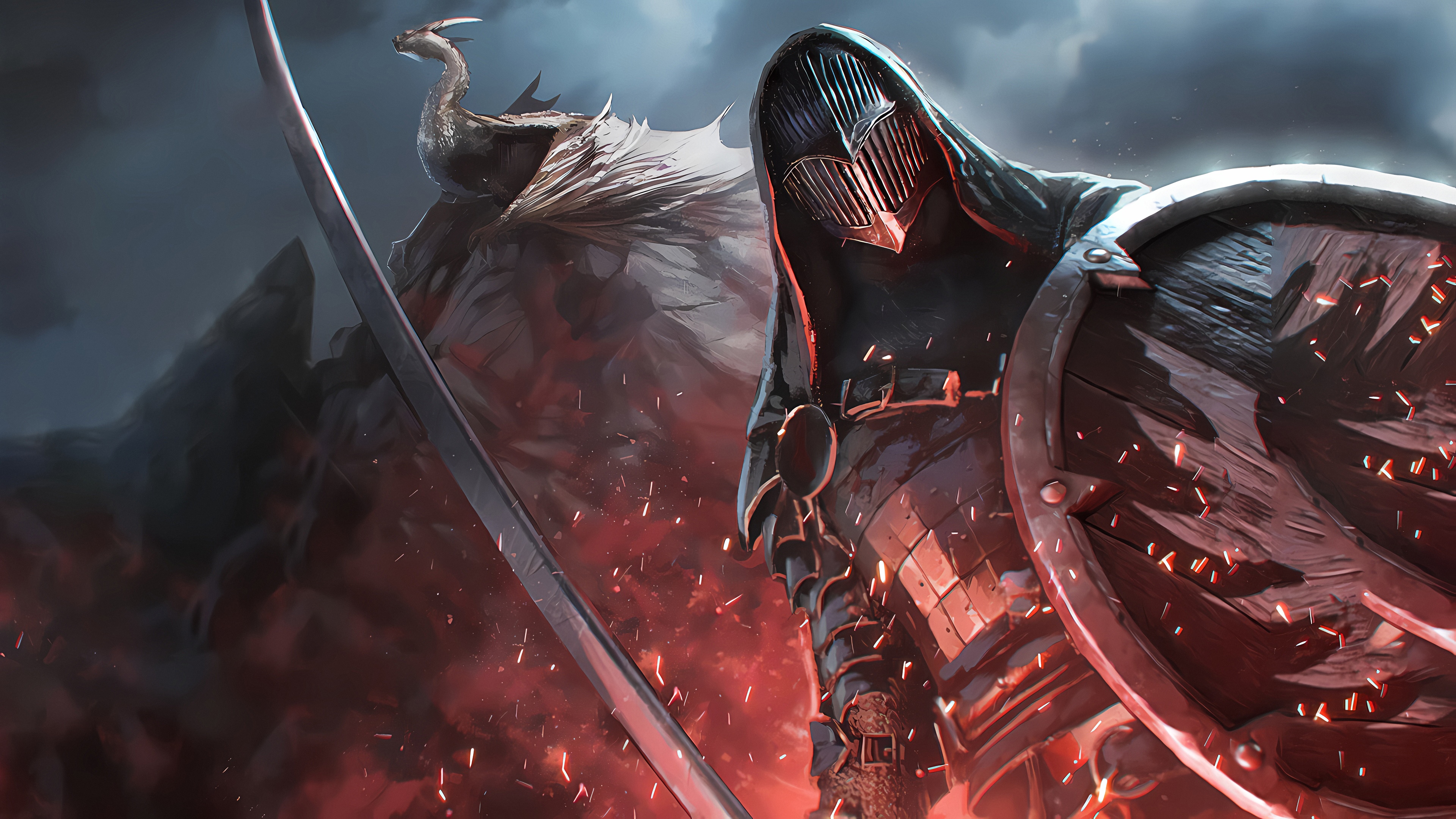 4K Dragon and Warrior with Sword and Shield HD Wallpaper