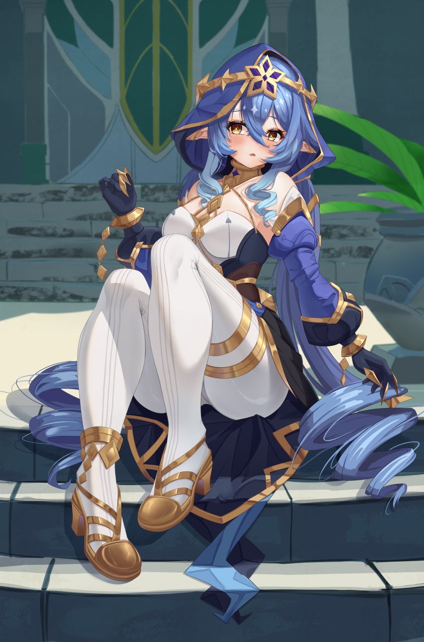 Layla from Genshin Impact blushing on stairs HD Phone Wallpaper