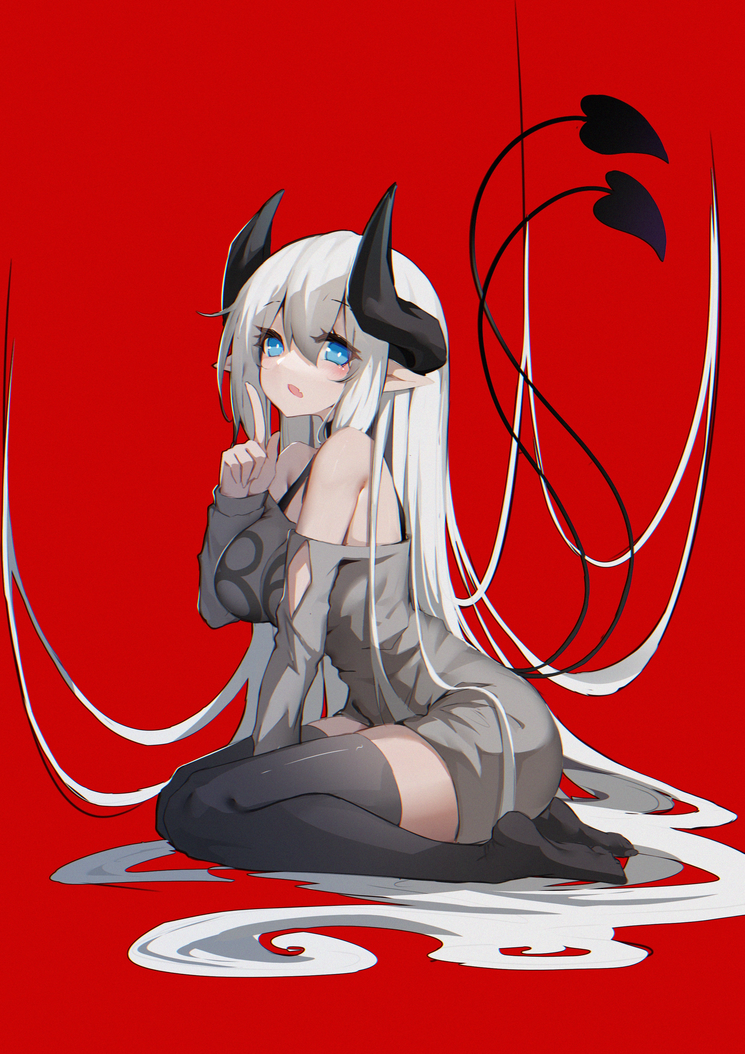 Demon girl with horns and tail on red background HD Phone Wallpaper