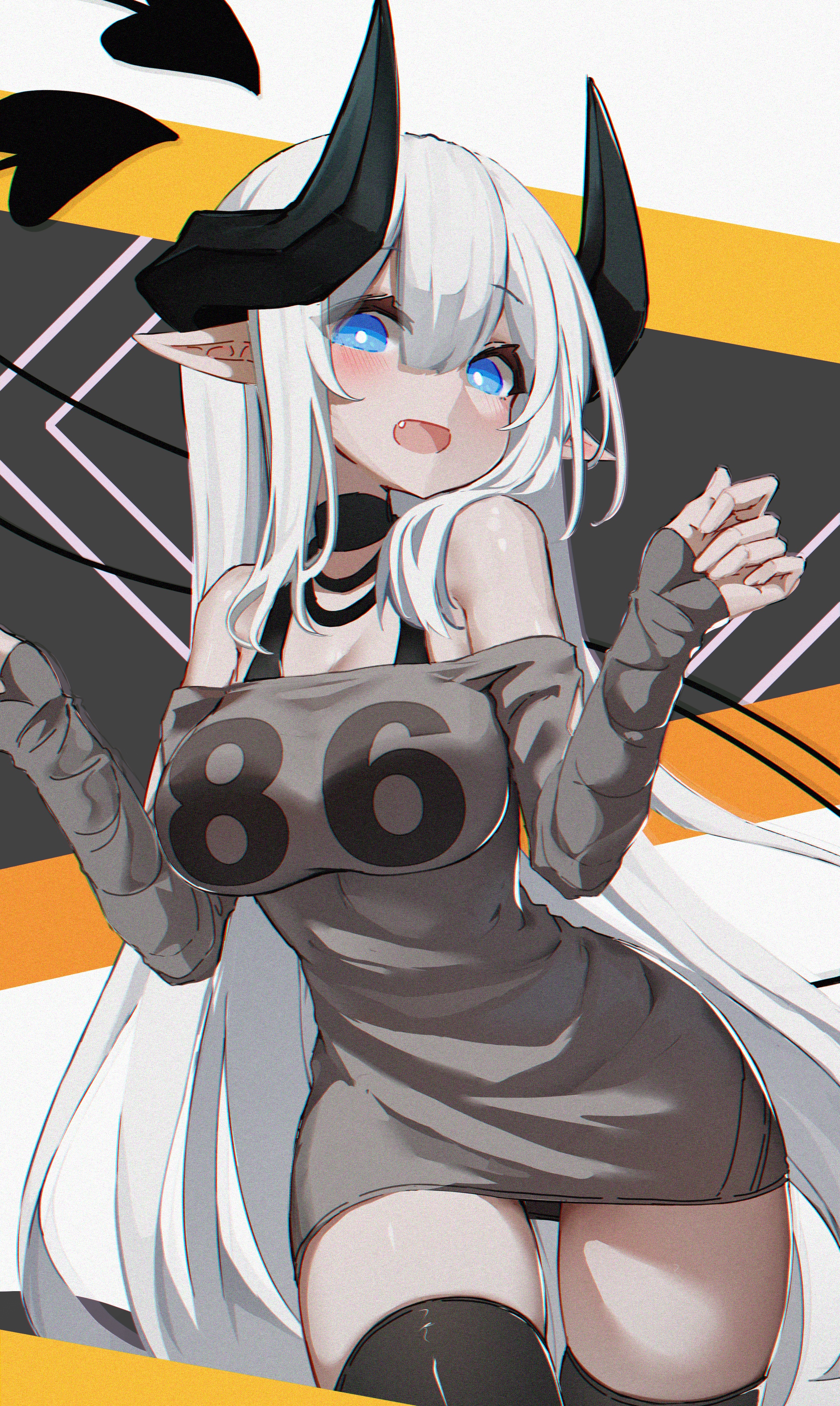 Demon girl with white hair and blue eyes HD Phone Wallpaper